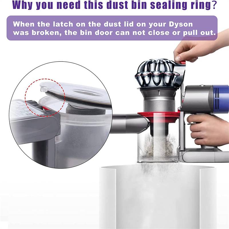 Dichtring für Staubbehälter für Dyson-Staubsauger verhindert Probleme mit der Behältertür, wenn der Verschluss defekt ist. Enthält Abbildung der Installation.