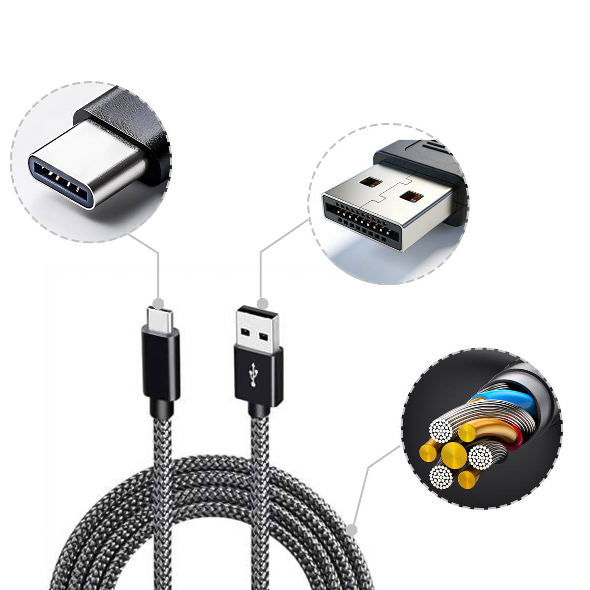USB-A 2.0-zu-USB-C-Kabel mit 3A-Schnellladung Black 1 m