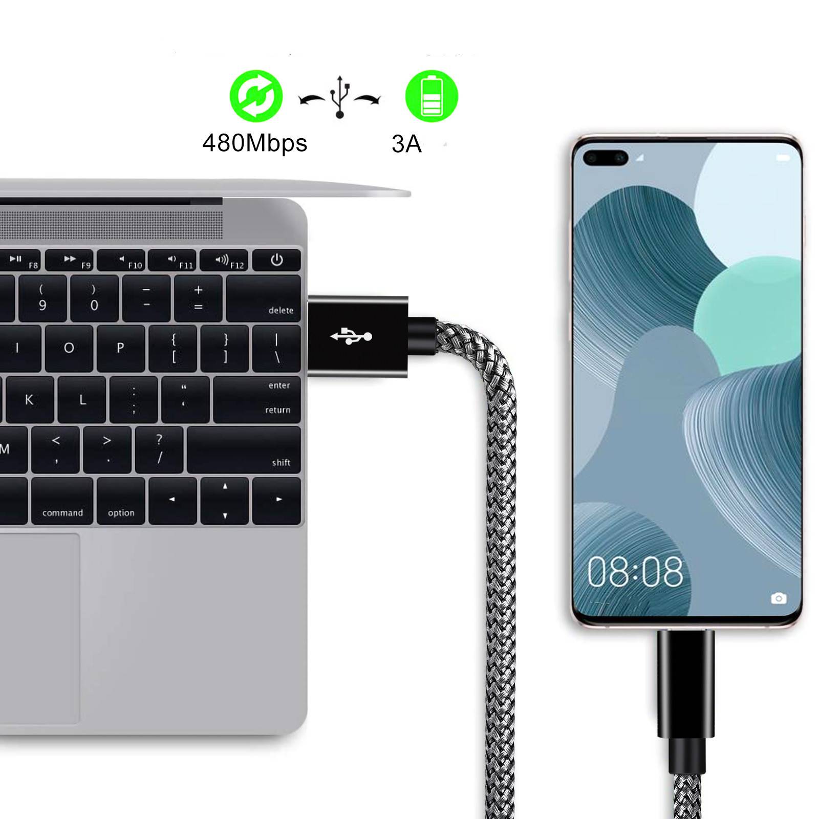 USB-A 2.0-zu-USB-C-Kabel mit 3A-Schnellladung Black 1 m