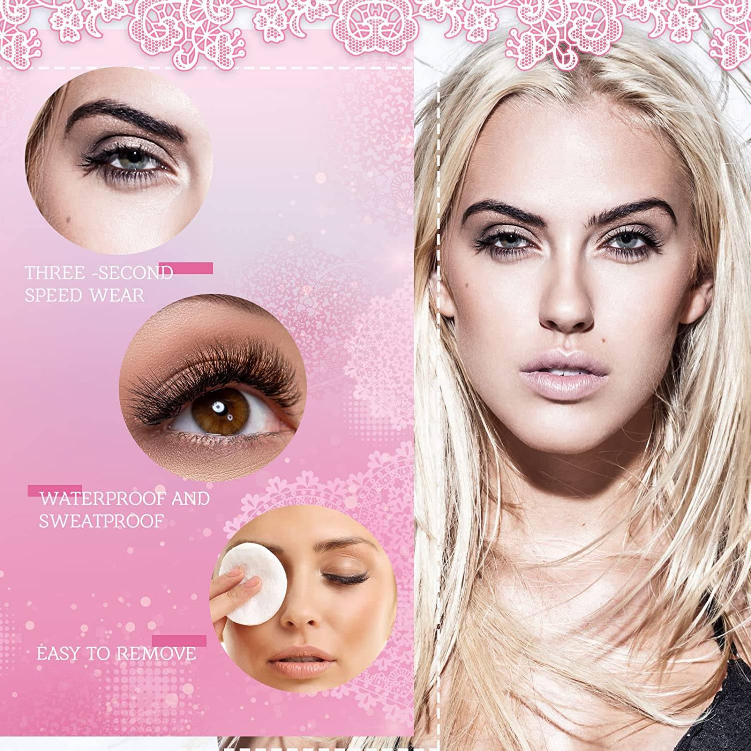 Eine Frau präsentiert Augenmakeup. Einfügungsbilder zeigen Augen mit aufgetragenem Makeup. Der Text lautet: „Drei-Sekunden-Schnelltragbar