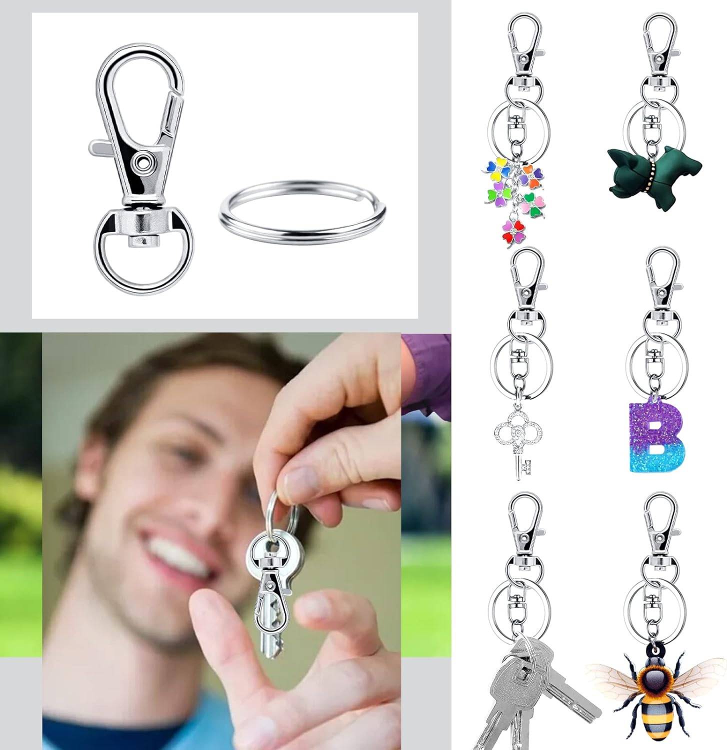 80er-Pack Schlüsselringe mit Karabiner Silver