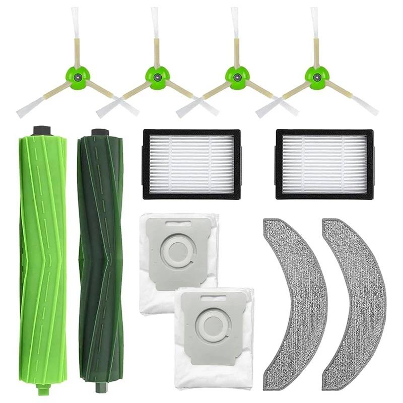 Staubsaugerzubehör-Set mit drei Seitenbürsten, zwei Filtern, zwei Staubsäcken, zwei Hauptwalzen und zwei Wischpads, ordnungsgemäß angeordnet.