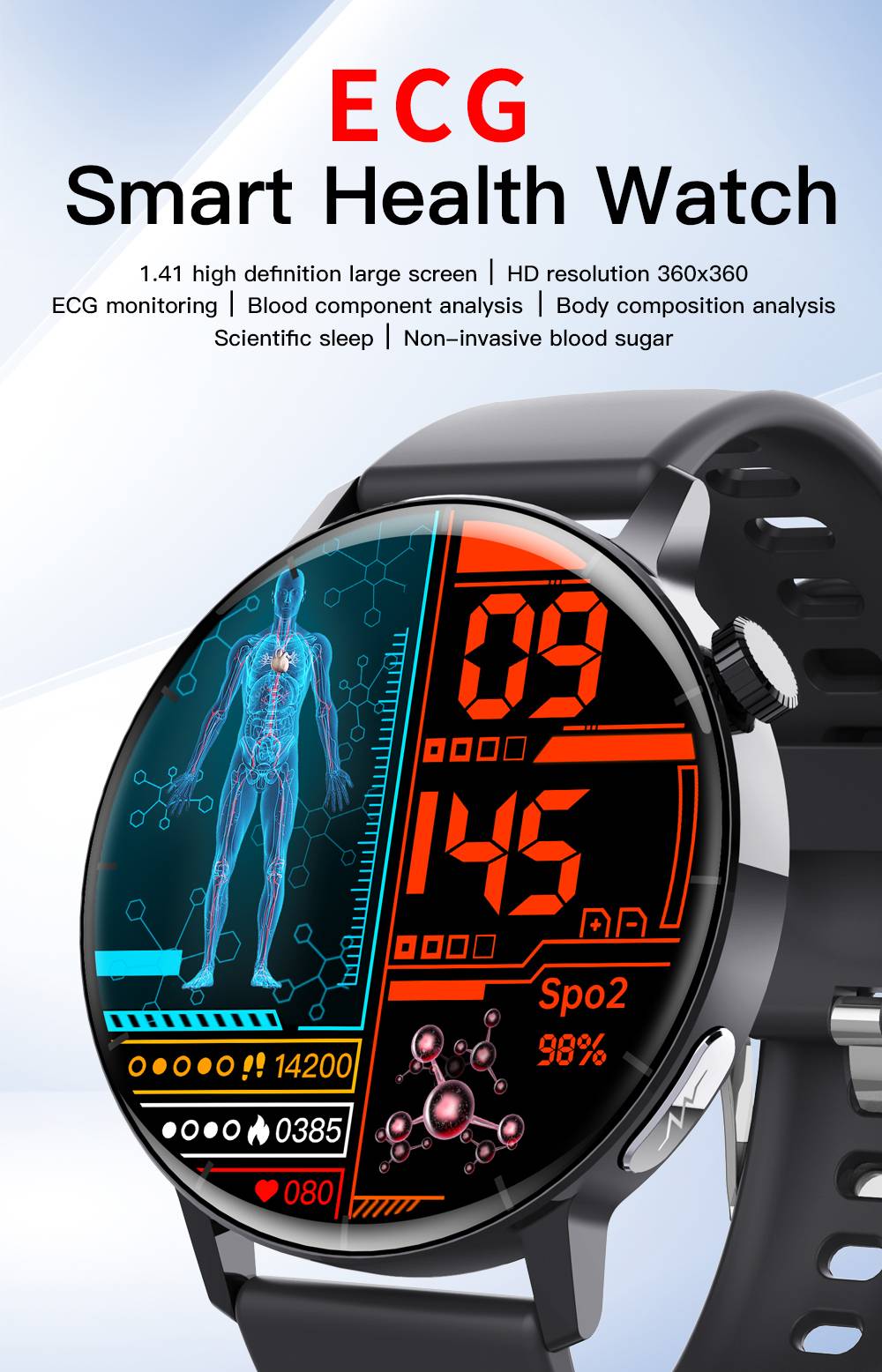 Smartwatch mit EKG-Herzfrequenz, Blutsauerstoff, Schlafüberwachung Stainlesssteelwatchband