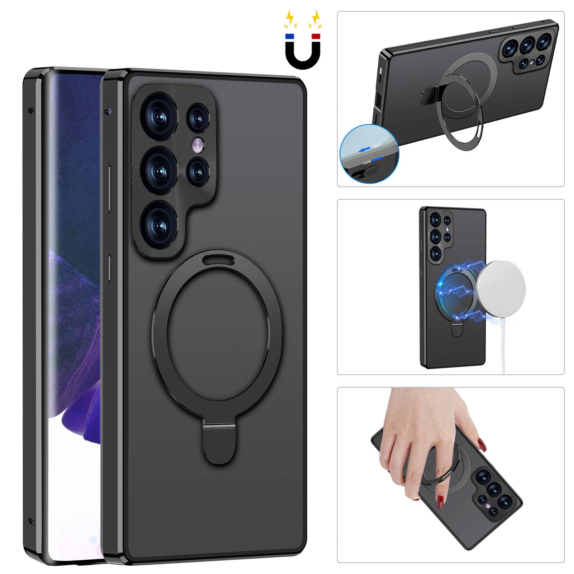 Magnetische Schutzhülle mit Displayschutzfolie und Ständer Black Samsung S22 Ultra