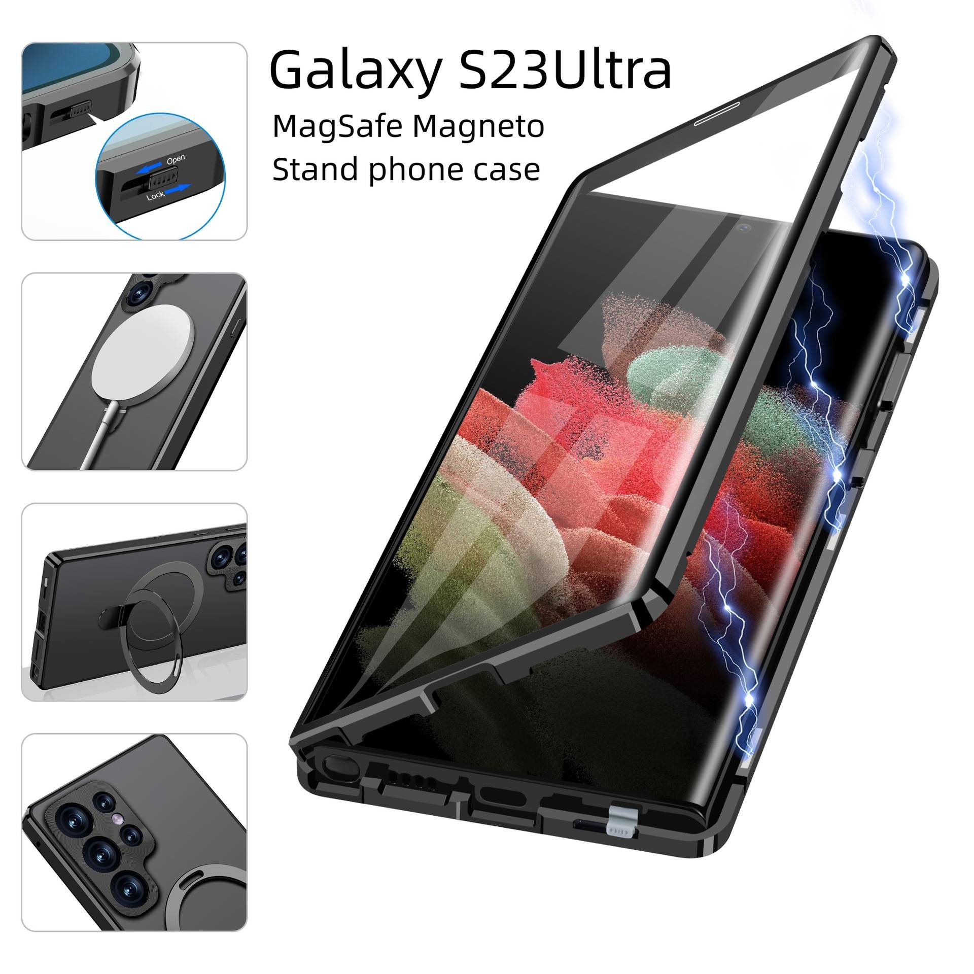 Magnetische Schutzhülle mit Displayschutzfolie und Ständer Black Samsung S22 Ultra