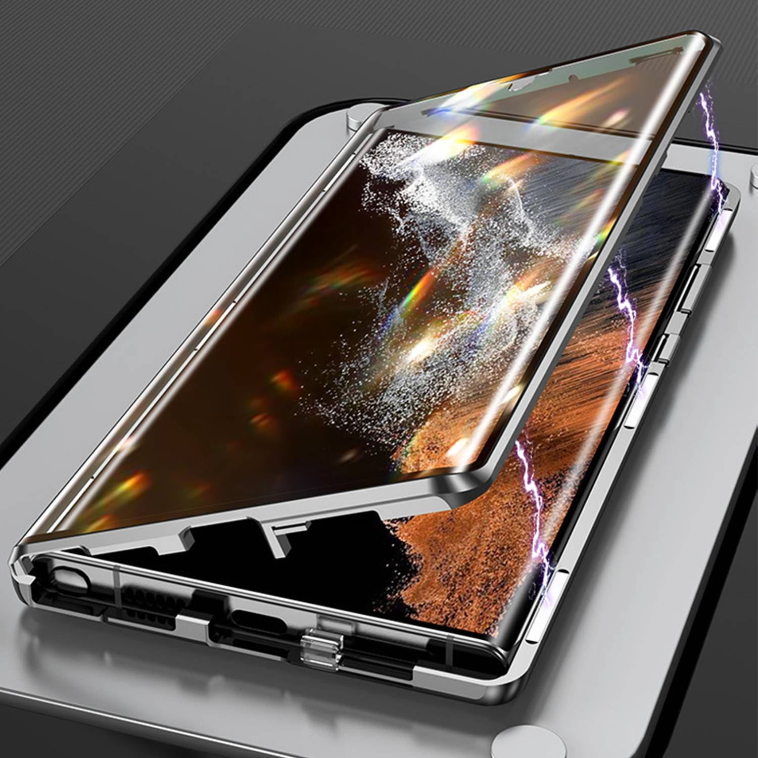 Magnetische doppelseitige Handyhülle aus gehärtetem Glas Silver Samsung S22