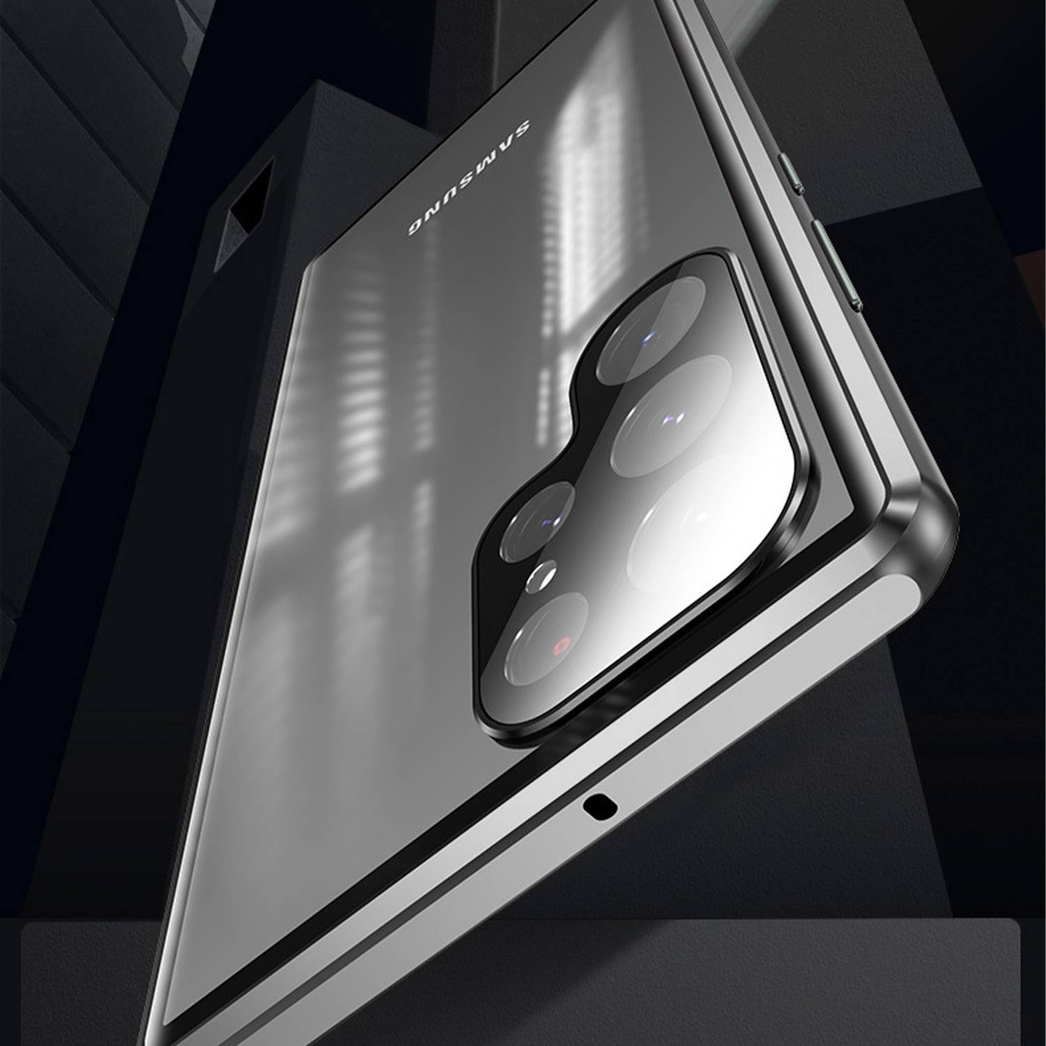 Magnetische doppelseitige Handyhülle aus gehärtetem Glas Silver Samsung S22