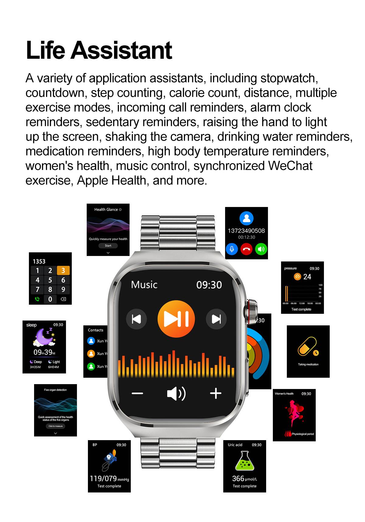 Smartwatch mit EKG, Herzfrequenz, Blutdruck, Schlaf, Schrittzähler Black