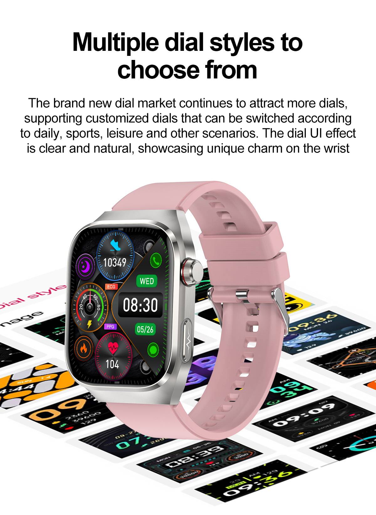 Smartwatch mit EKG, Herzfrequenz, Blutdruck, Schlaf, Schrittzähler Pink