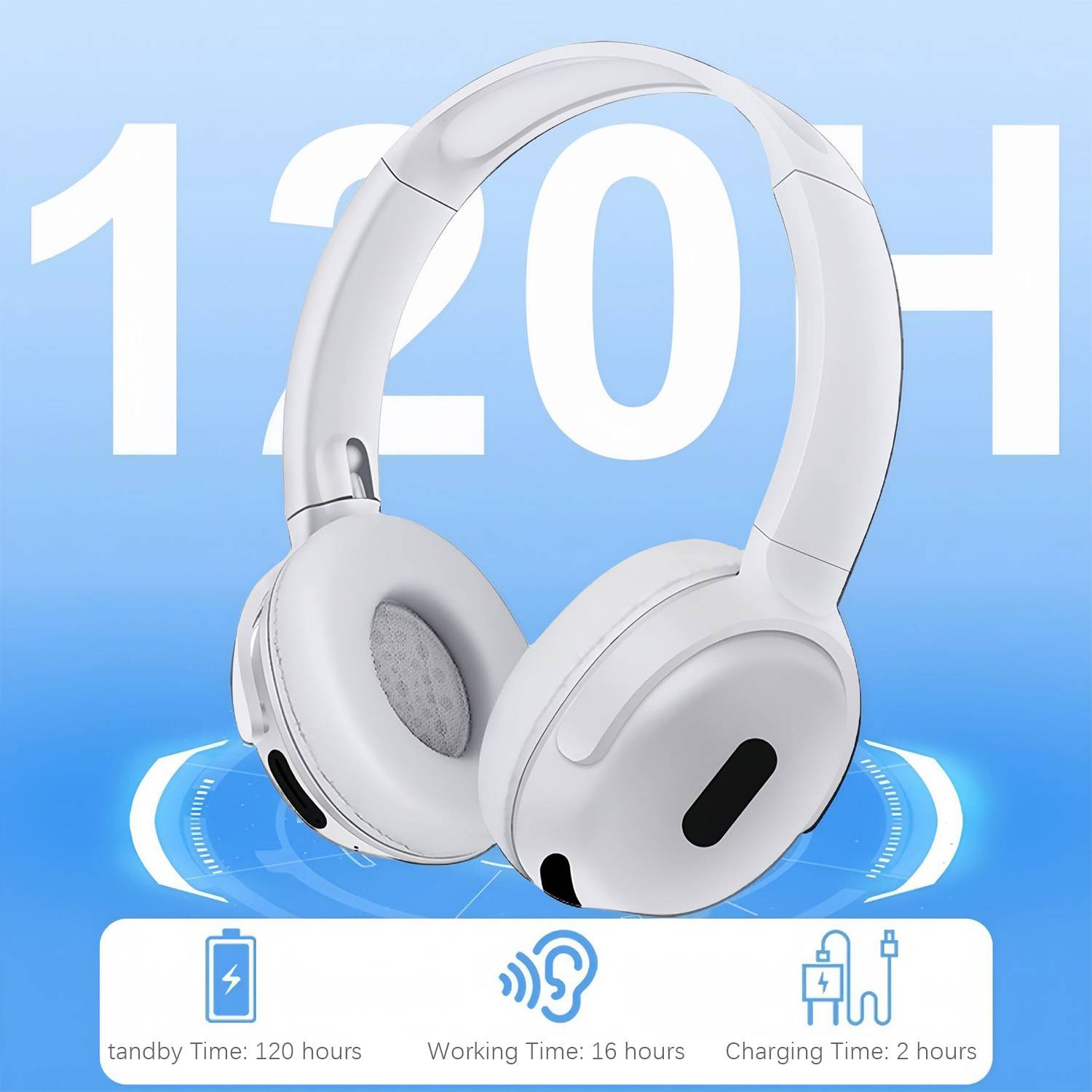 Kabellose Stereo-Kopfhörer mit Bluetooth 5.3 und extrem langer Akkulaufzeit White