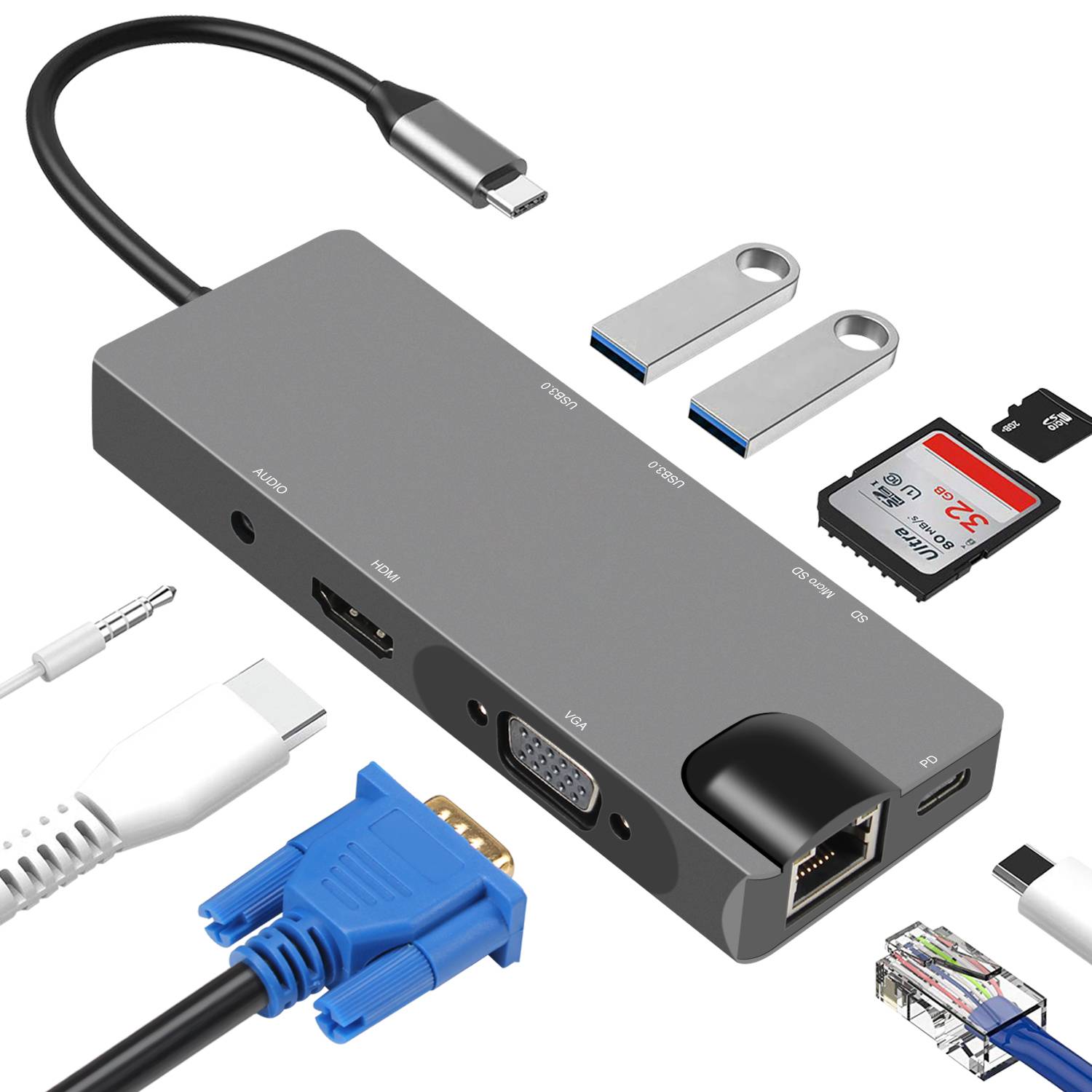9-in-1-USB-C-Hub mit USB 3.0, HDMI, RJ45, SD/TF-Kartenleser, 100 W PD, VGA