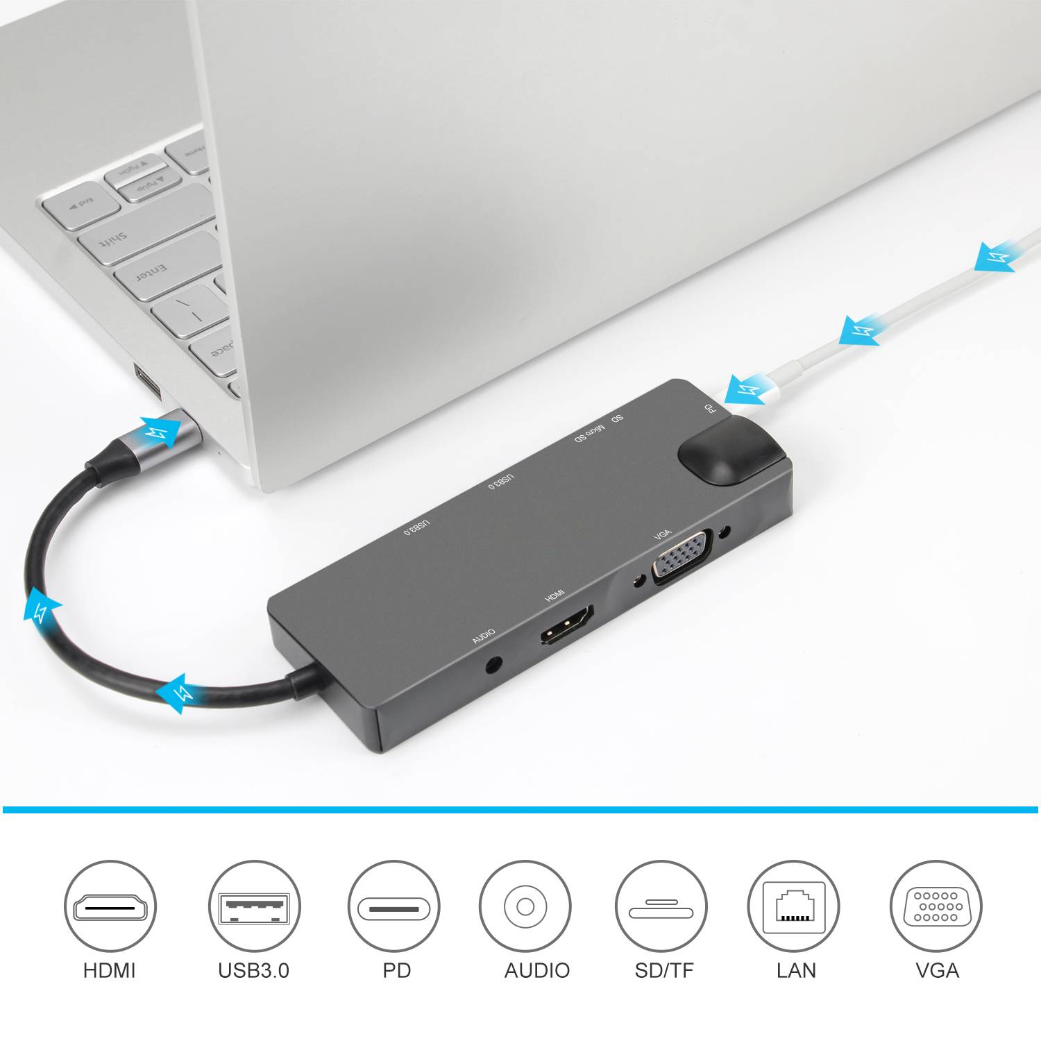 9-in-1-USB-C-Hub mit USB 3.0, HDMI, RJ45, SD/TF-Kartenleser, 100 W PD, VGA