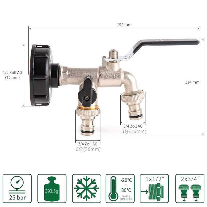 Außenwasserhahn mit Doppelauslass, 1/2 Zoll Außengewinde, Doppelauslass 3/4 Zoll Black