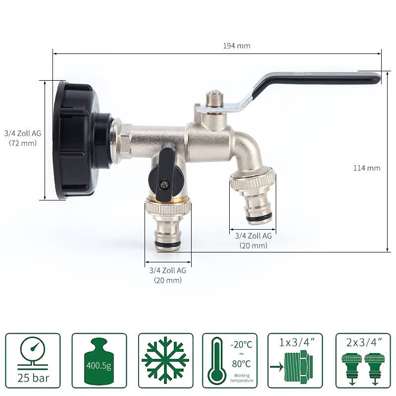 Außenhahn mit doppeltem Auslass, 3/4-Zoll-Außeneinlass, doppelter 3/4-Zoll-Auslass Black