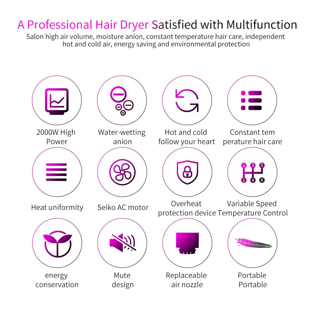 Haartrockner mit Diffusor und Konzentrator 5 Geschwindigkeiten 2000W