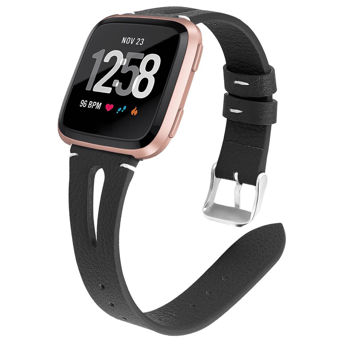 Uhrenarmband aus echtem Leder für Fitbit Versa Smartwatch Black