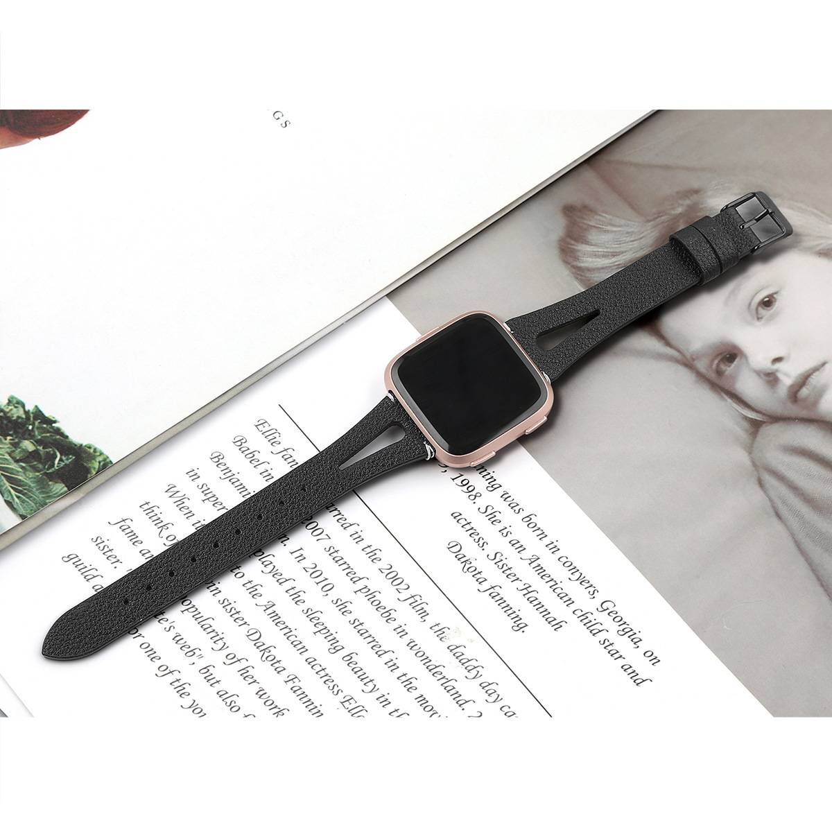 Uhrenarmband aus echtem Leder für Fitbit Versa Smartwatch Black