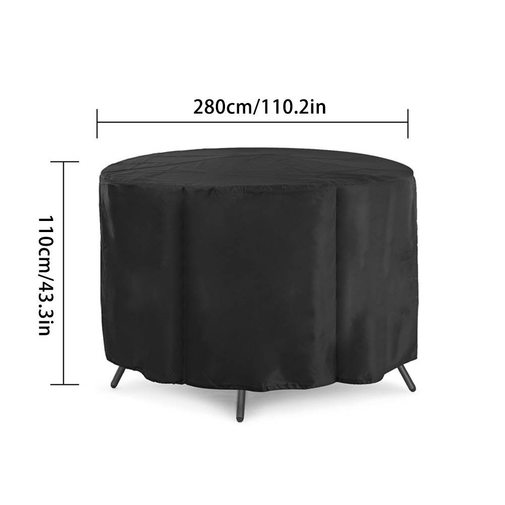 Schwarze runde Tischdecke gezeigt, geeignet für einen Tisch mit einem Durchmesser von 280cm/110,2in und einer Höhe von 110cm/43,3in.