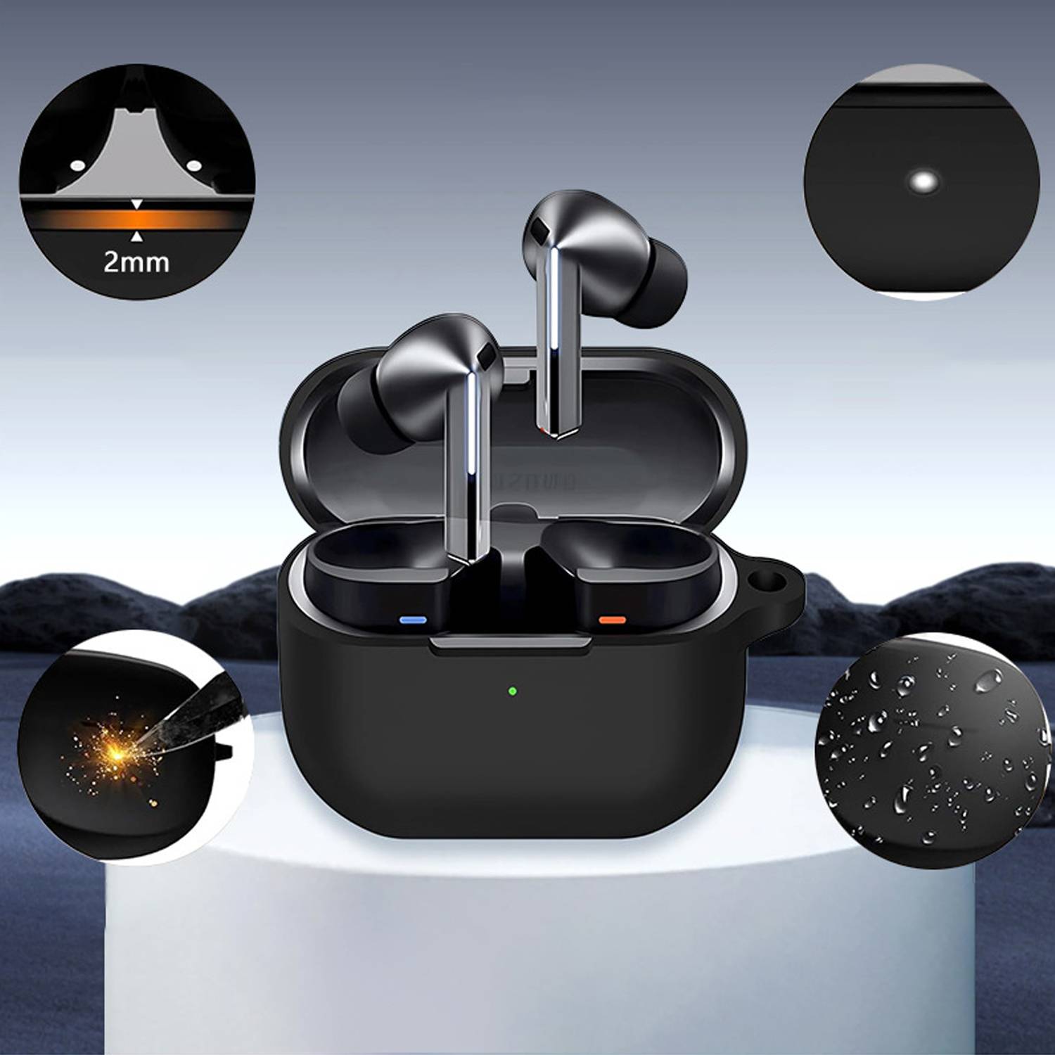 Schutzhülle aus Silikon für Samsung Galaxy Buds3/Buds3 Pro mit Karabinerhaken Black