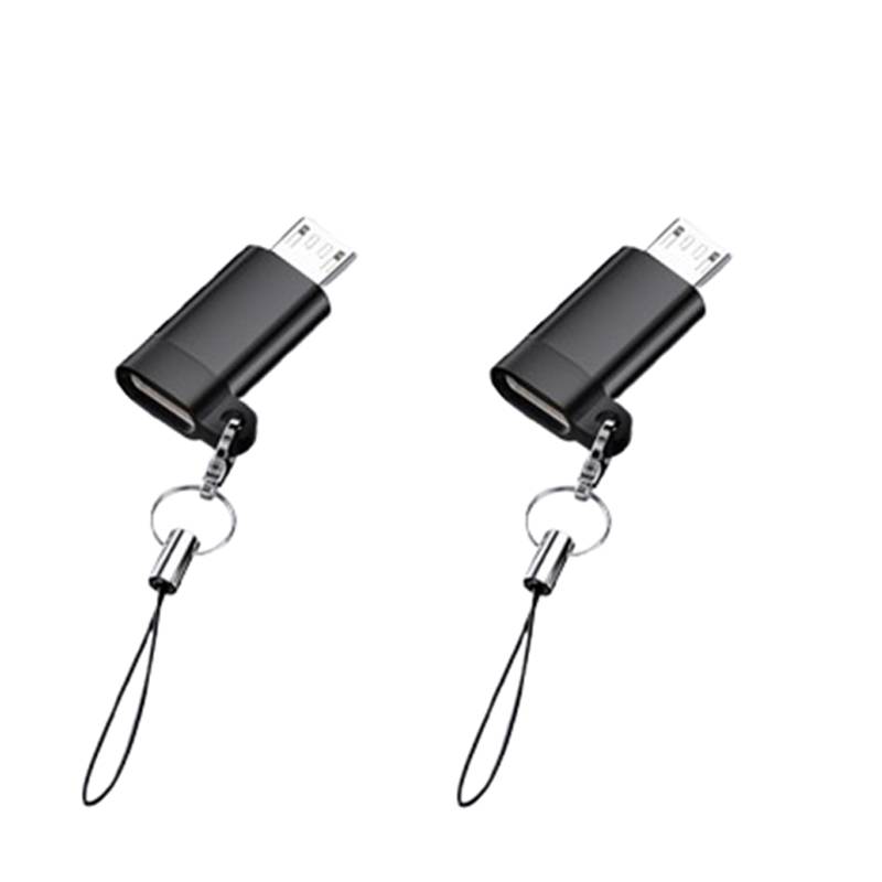 Zwei schwarze Micro-USB-Adapter mit Schlüsselanhängerringen, verwendet zum Umwandeln von Verbindungen.