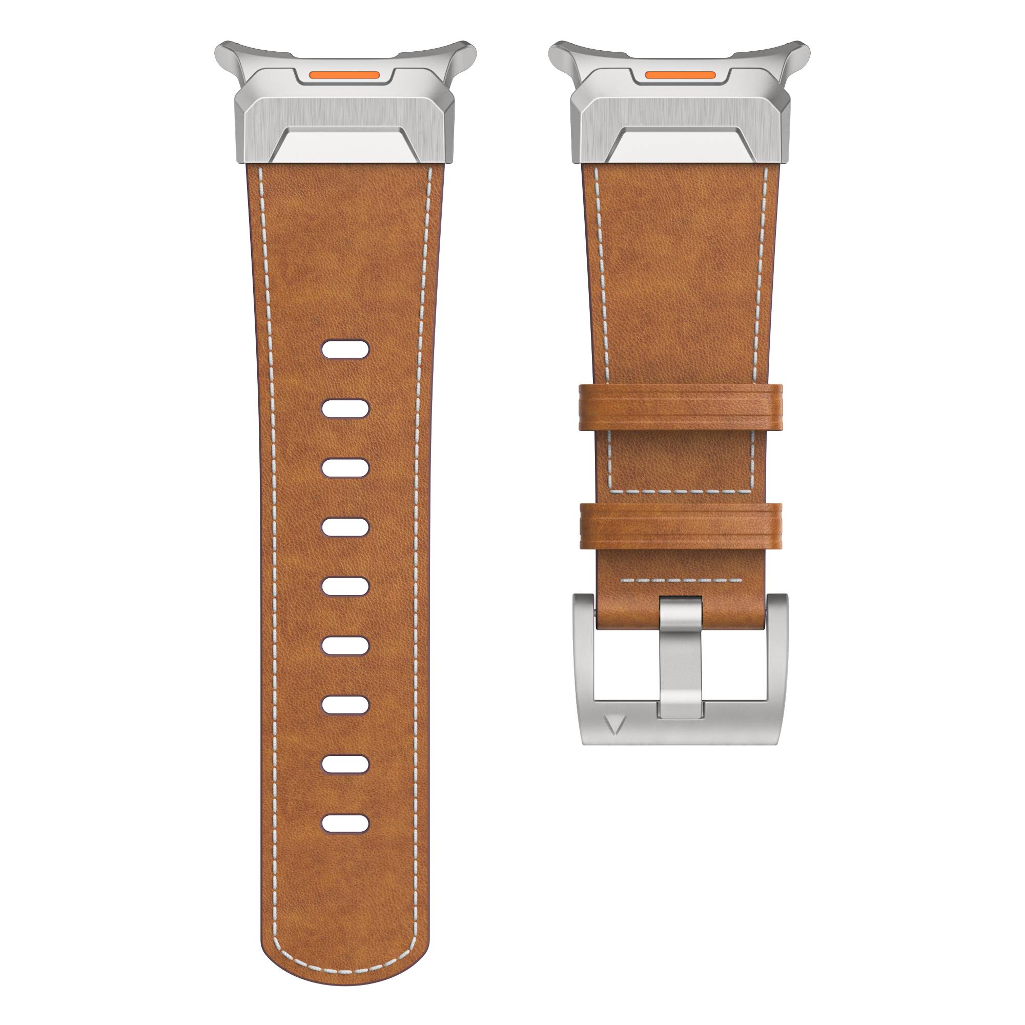 Echtes Leder Uhrenarmband mit Silberverbinder für Samsung Watch 7 Ultra 47mm Brown