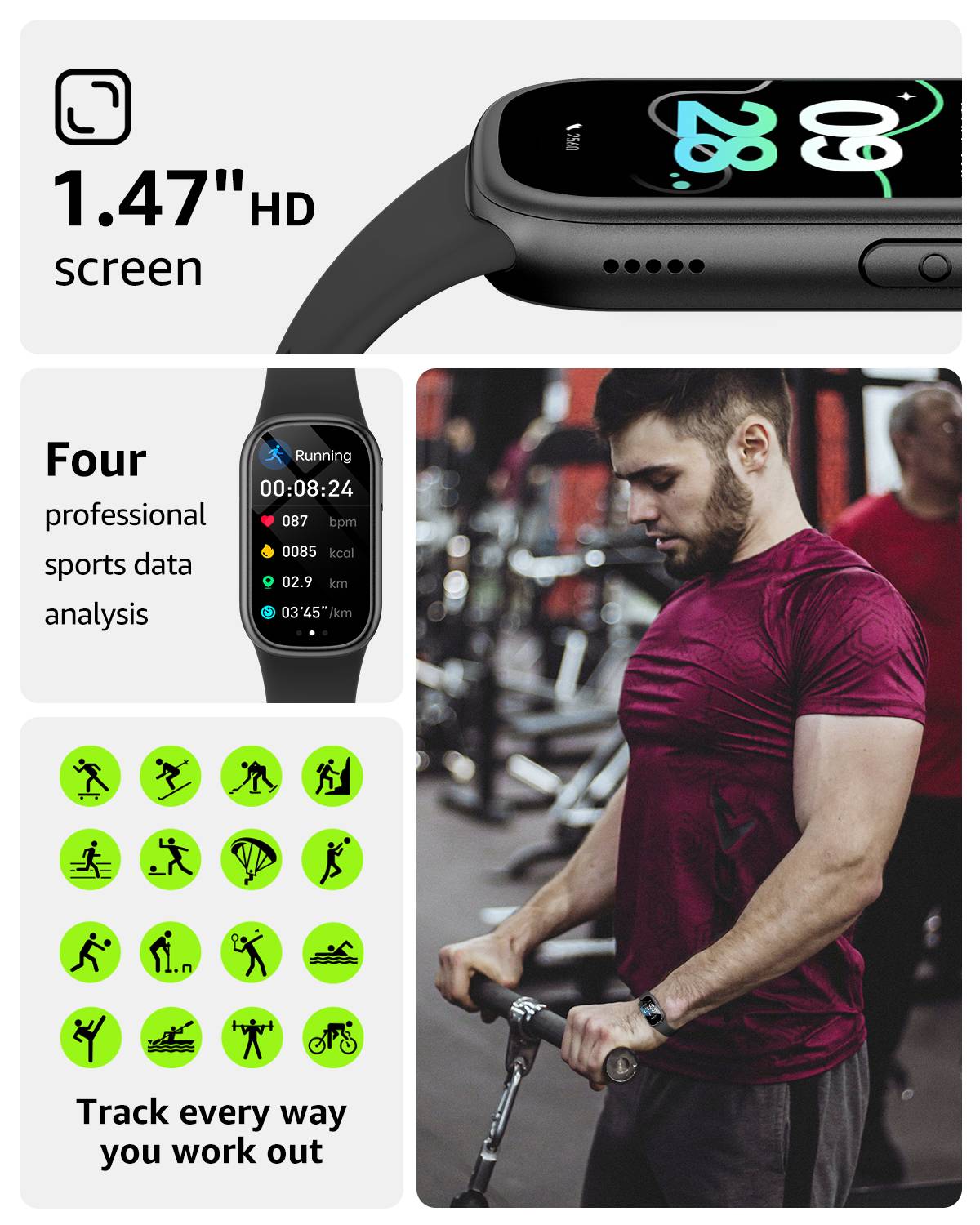 Multifunktions-Smartwatch mit Bluetooth-Anrufen, 1.47in quadratischem TFT, IP68, 150mAh, kompatibel mit Da Fit Black