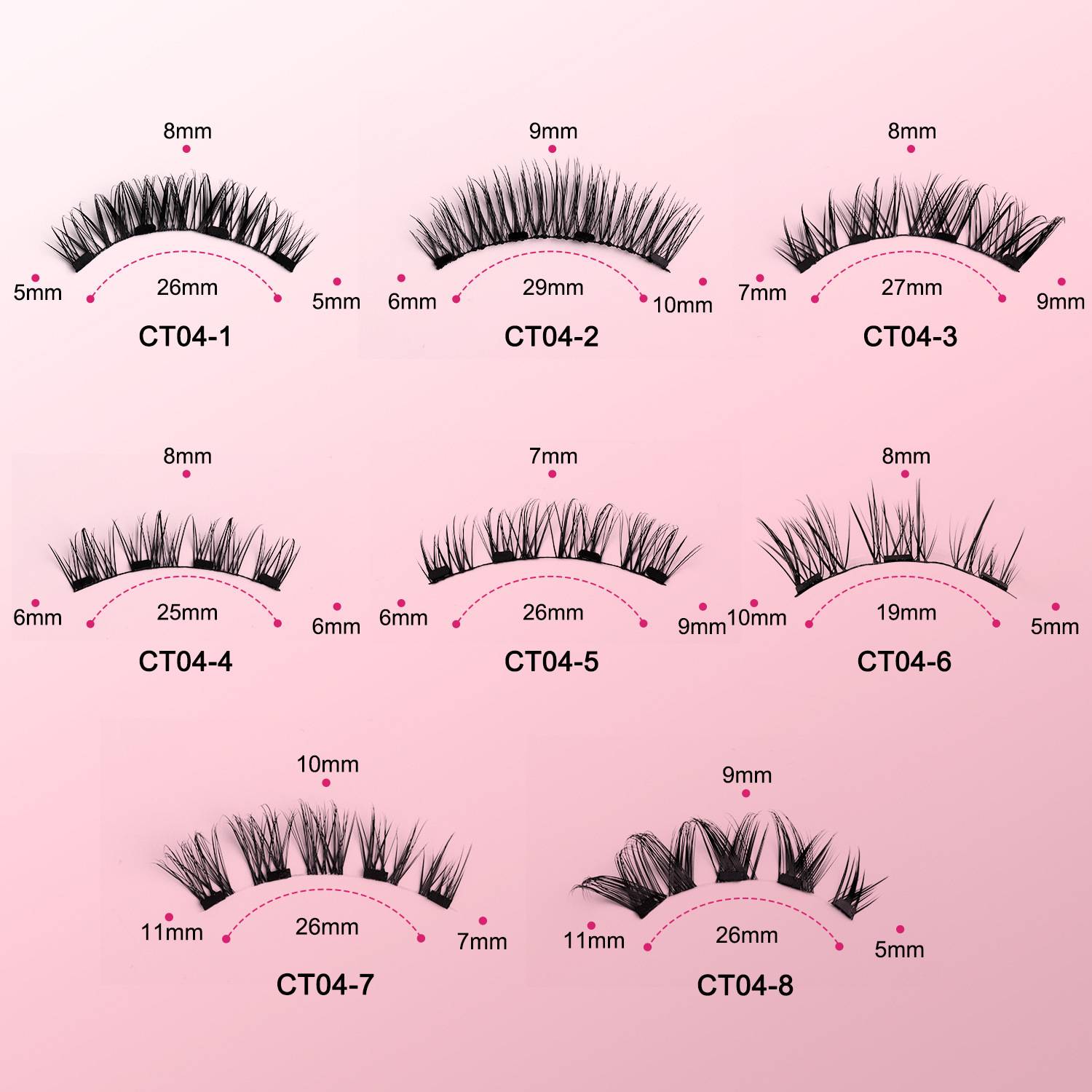Wimpernstile CT04-1 bis CT04-8, die verschiedene Längen und Dicken mit Messungen in Millimetern auf rosa Hintergrund zeigen.