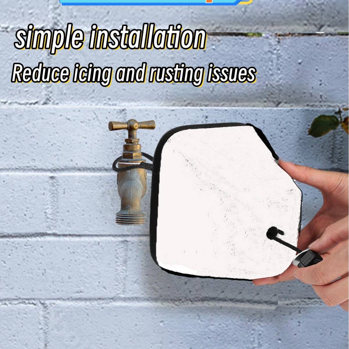 Eine Hand legt eine isolierte Abdeckung über einen Außenwasserhahn, um Eisbildung und Rostbildung zu verhindern. Text: „Einfache Installation. Reduzieren Sie Eis- und Rostprobleme."