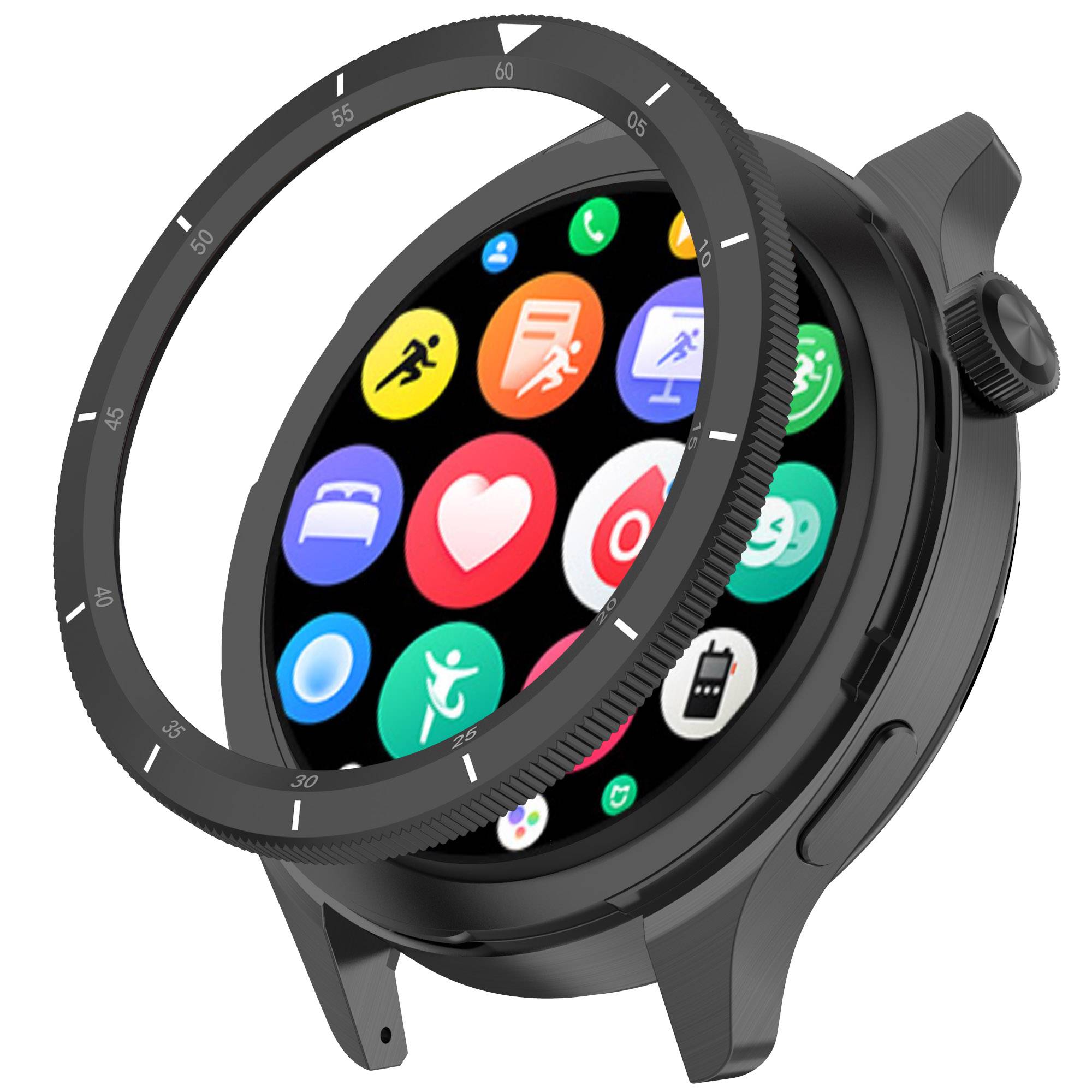 Eine schwarze Smartwatch zeigt farbige App-Symbole auf ihrem Bildschirm mit einer abnehmbaren rotierenden Lünette, die Zeitmarkierungen anzeigt.