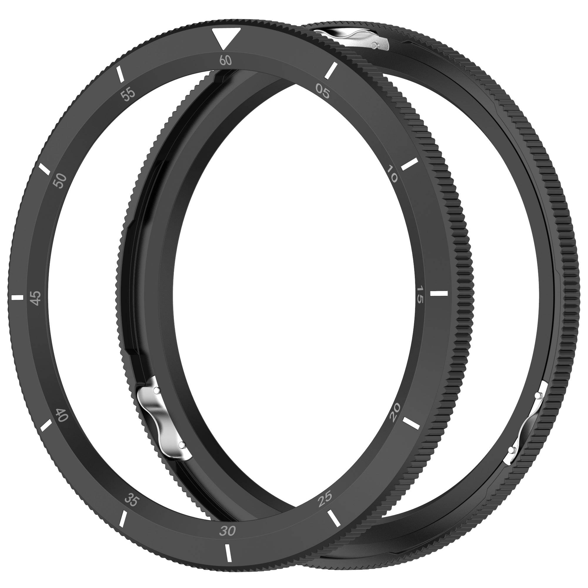 Zwei sich überlappende schwarze Kameralinsenringe mit Zahlenmarkierungen von 0 bis 60. Jeder Ring hat einen strukturierten Griff und einen kleinen metallischen Schieber.