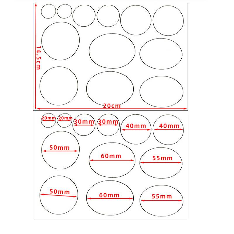 Diagramm verschiedener Kreisschablonen mit Abmessungen: umfasst Durchmesser von 5 mm, 20 mm, 30 mm, 40 mm, 50 mm, 55 mm, 60 mm, größte 20 cm.