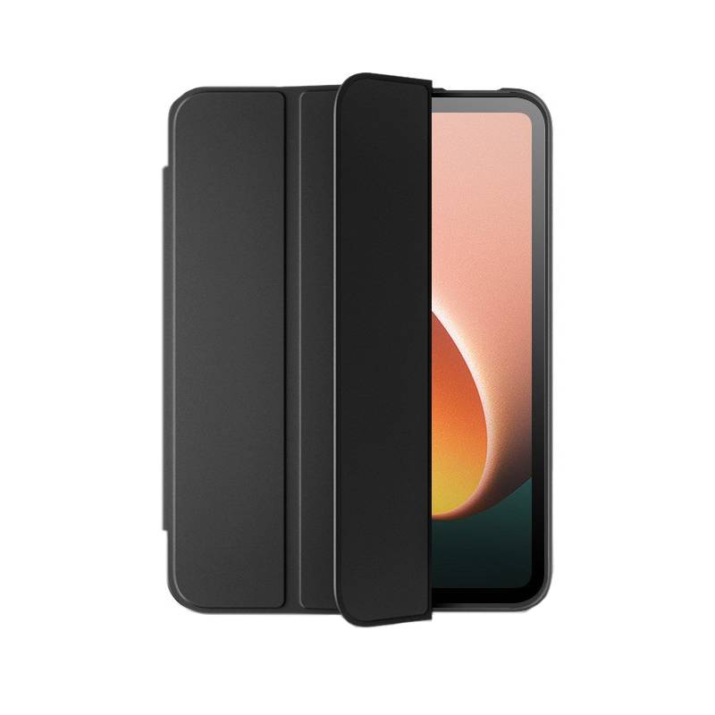 Ein schwarzes faltbares Etui bedeckt einen Smartphone-Bildschirm teilweise und zeigt einen orange-grünen Farbverlauf im Hintergrund.
