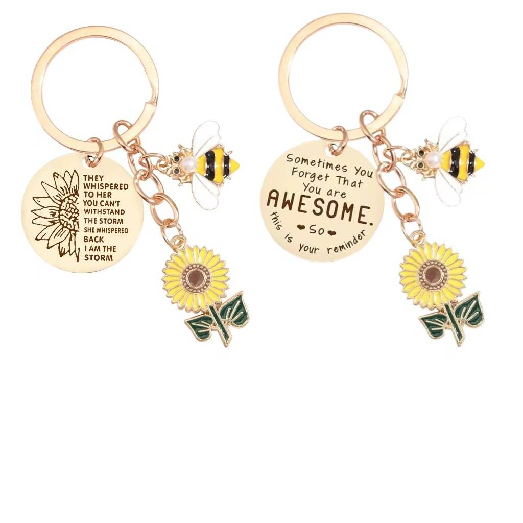 Schlüsselanhänger mit Sonnenblume und Biene, Edelstahl, Geschenk Modell 2
