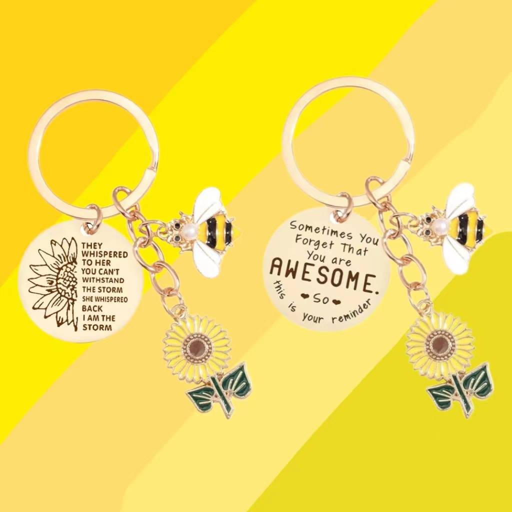 Schlüsselanhänger mit Sonnenblume und Biene, Edelstahl, Geschenk Modell 2