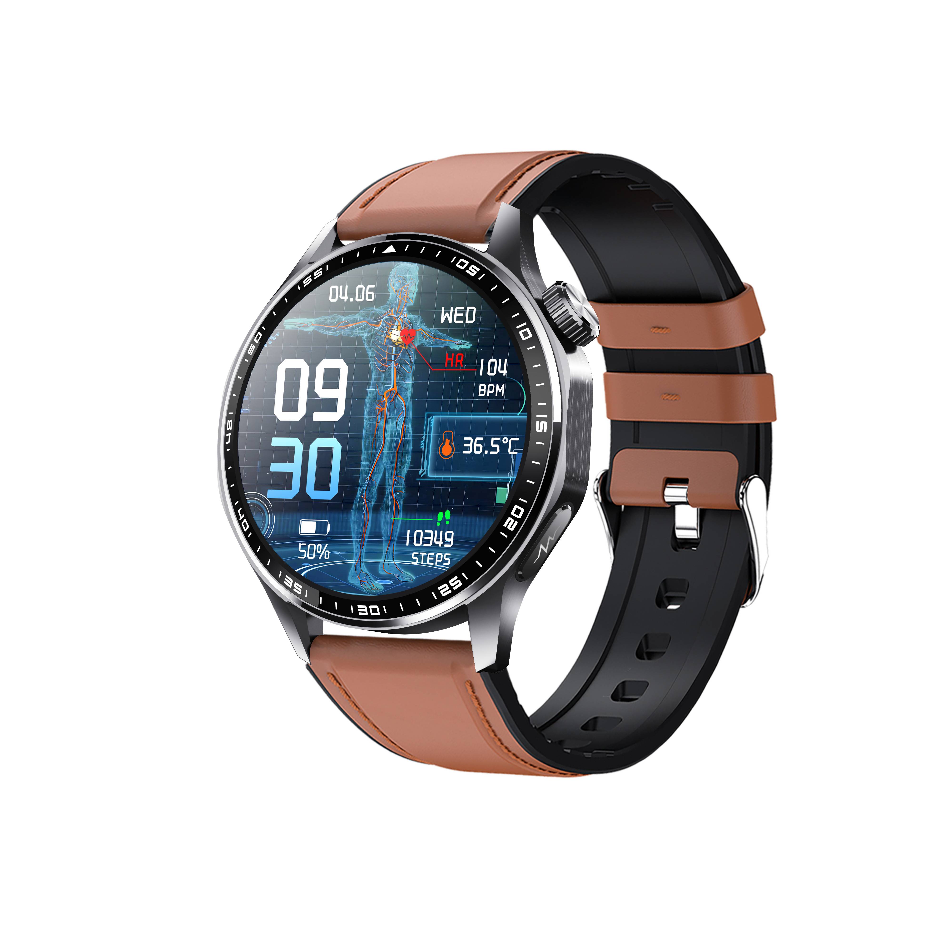 Smartwatch mit EKG, Herzfrequenzmesser, Blutdruckmessgerät und Schrittzähler Black and Brown Leather strap