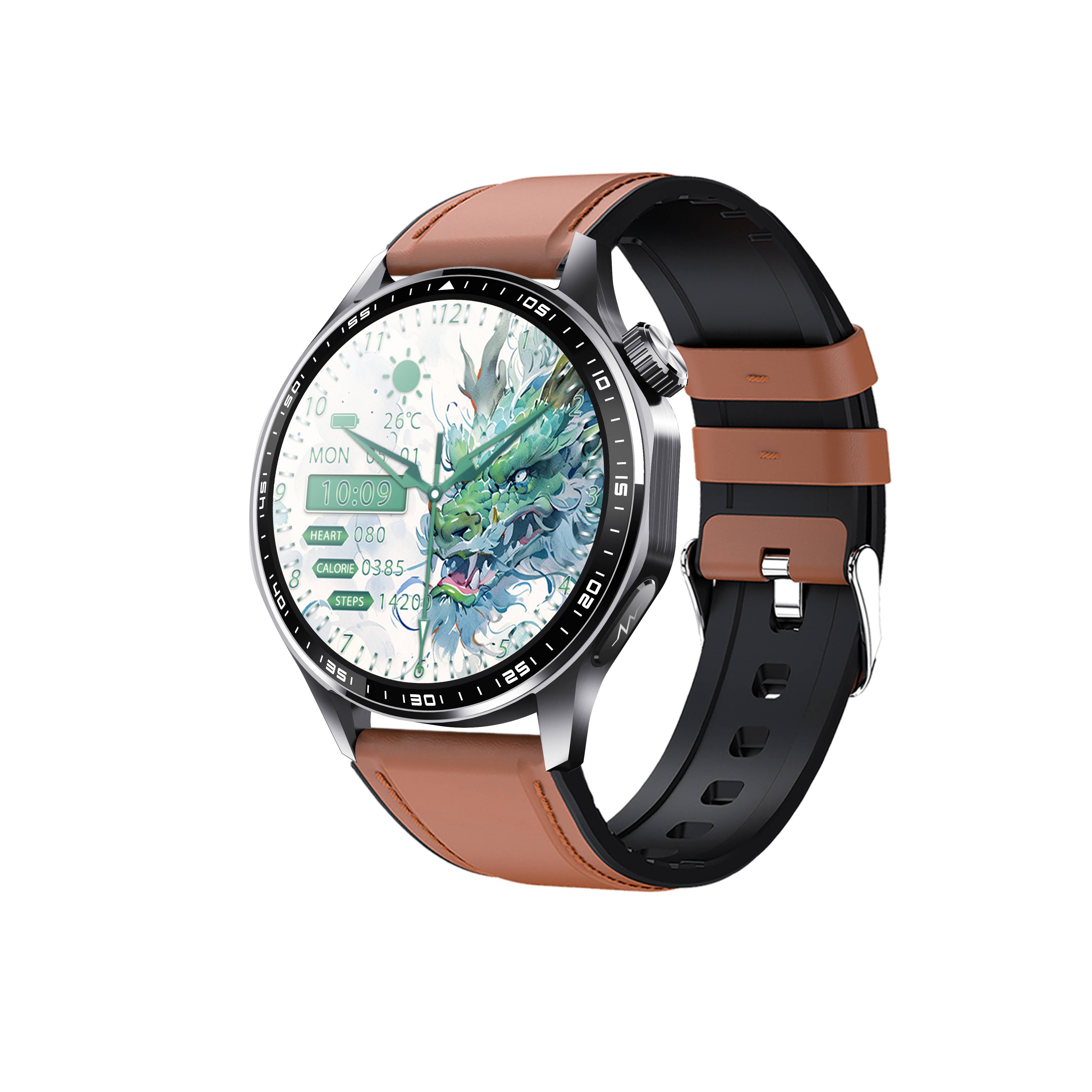 Smartwatch mit EKG, Herzfrequenzmesser, Blutdruckmessgerät und Schrittzähler Black and Brown Leather strap