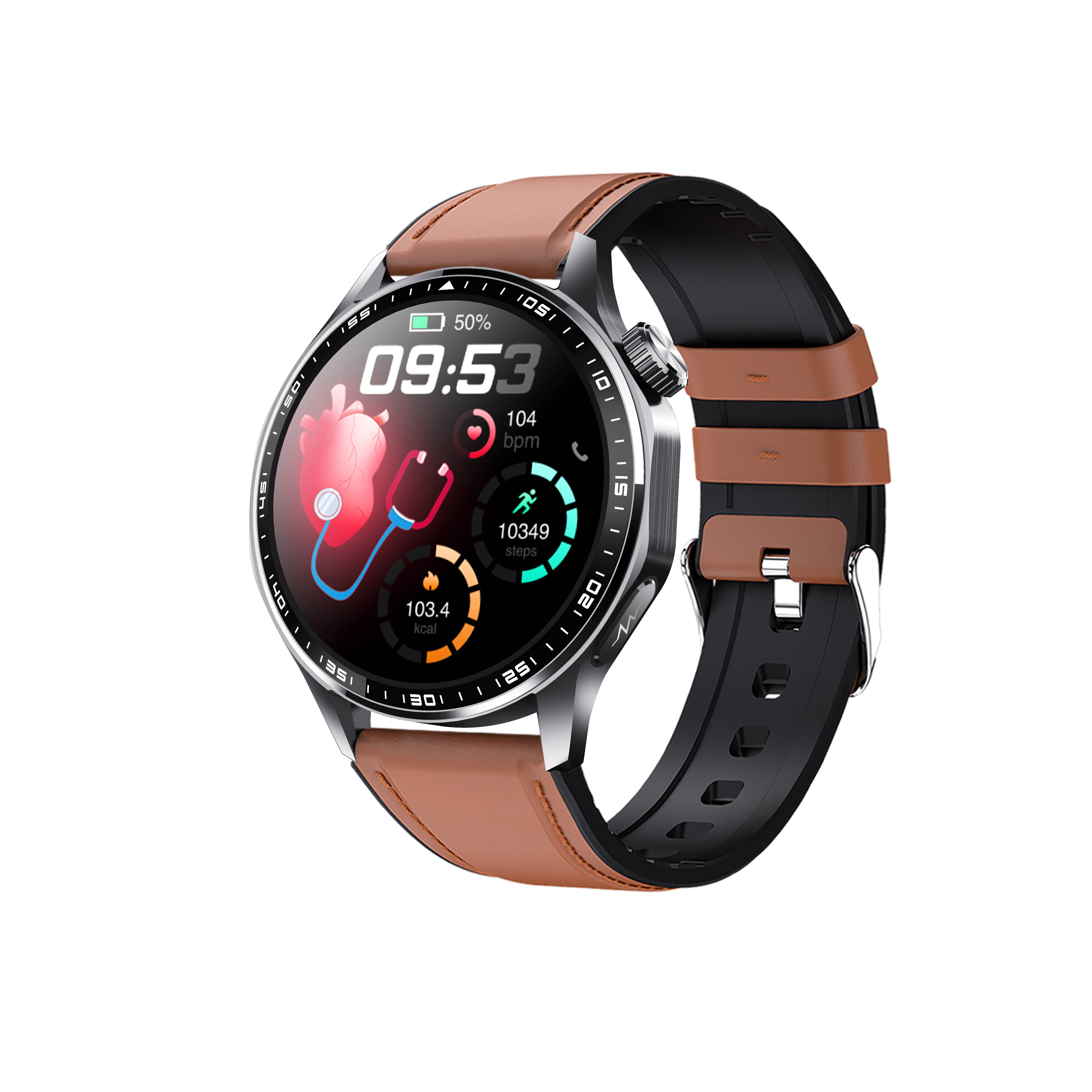 Smartwatch mit EKG, Herzfrequenzmesser, Blutdruckmessgerät und Schrittzähler Black and Brown Leather strap