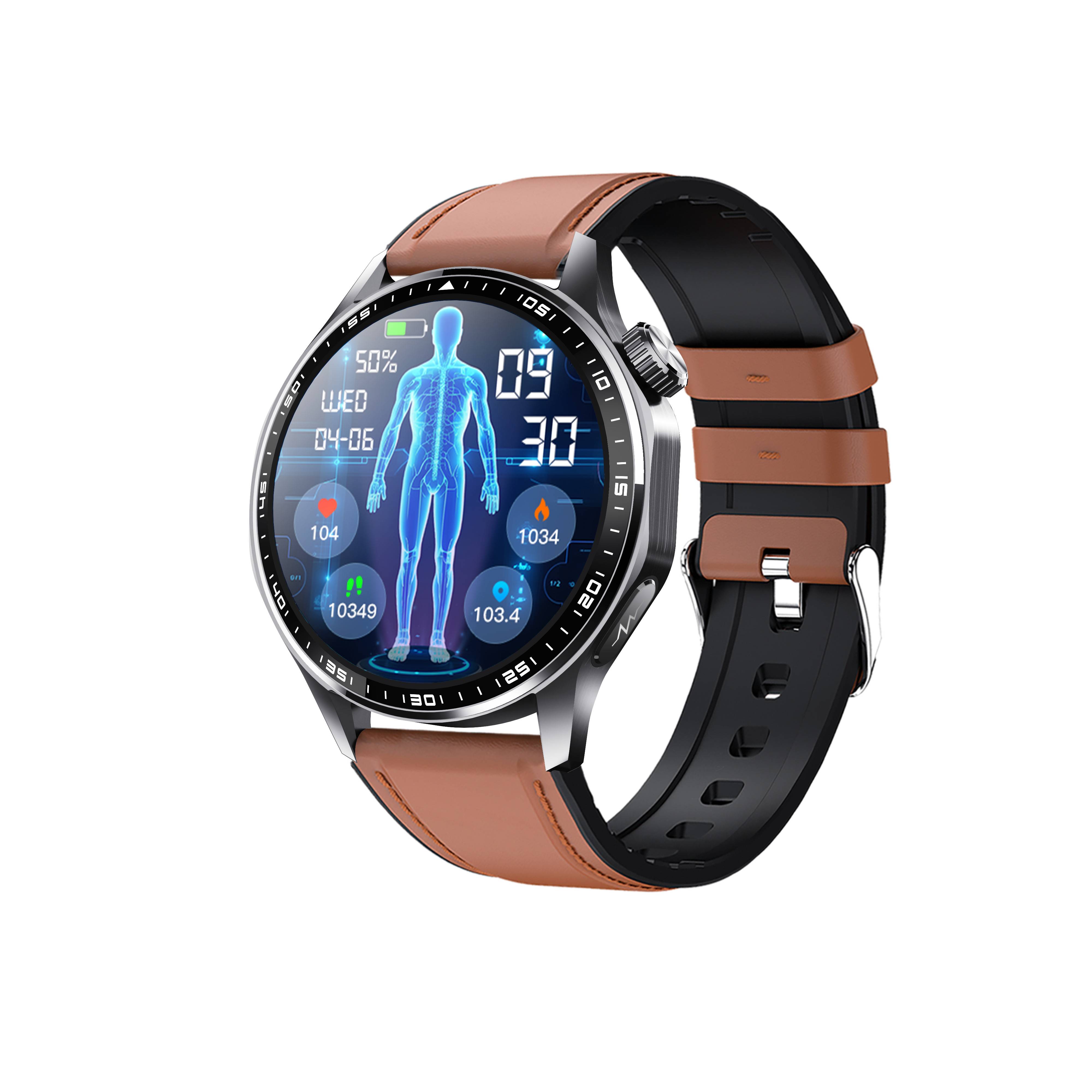 Smartwatch mit EKG, Herzfrequenzmesser, Blutdruckmessgerät und Schrittzähler Black and Brown Leather strap
