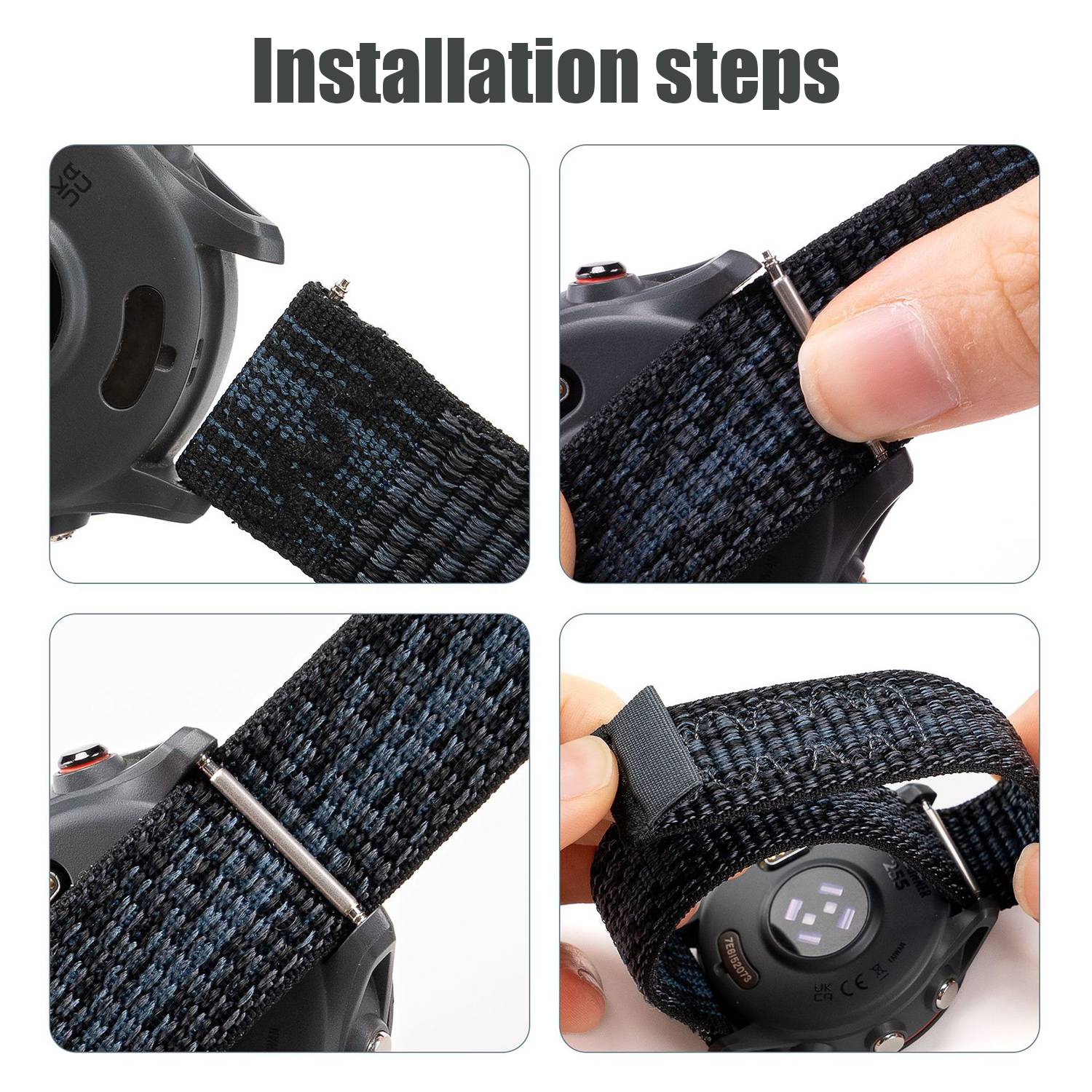 Garmin kompatibles Nylon-Uhrenarmband 22mm - Forerunner 245/255/265M Black+Blue