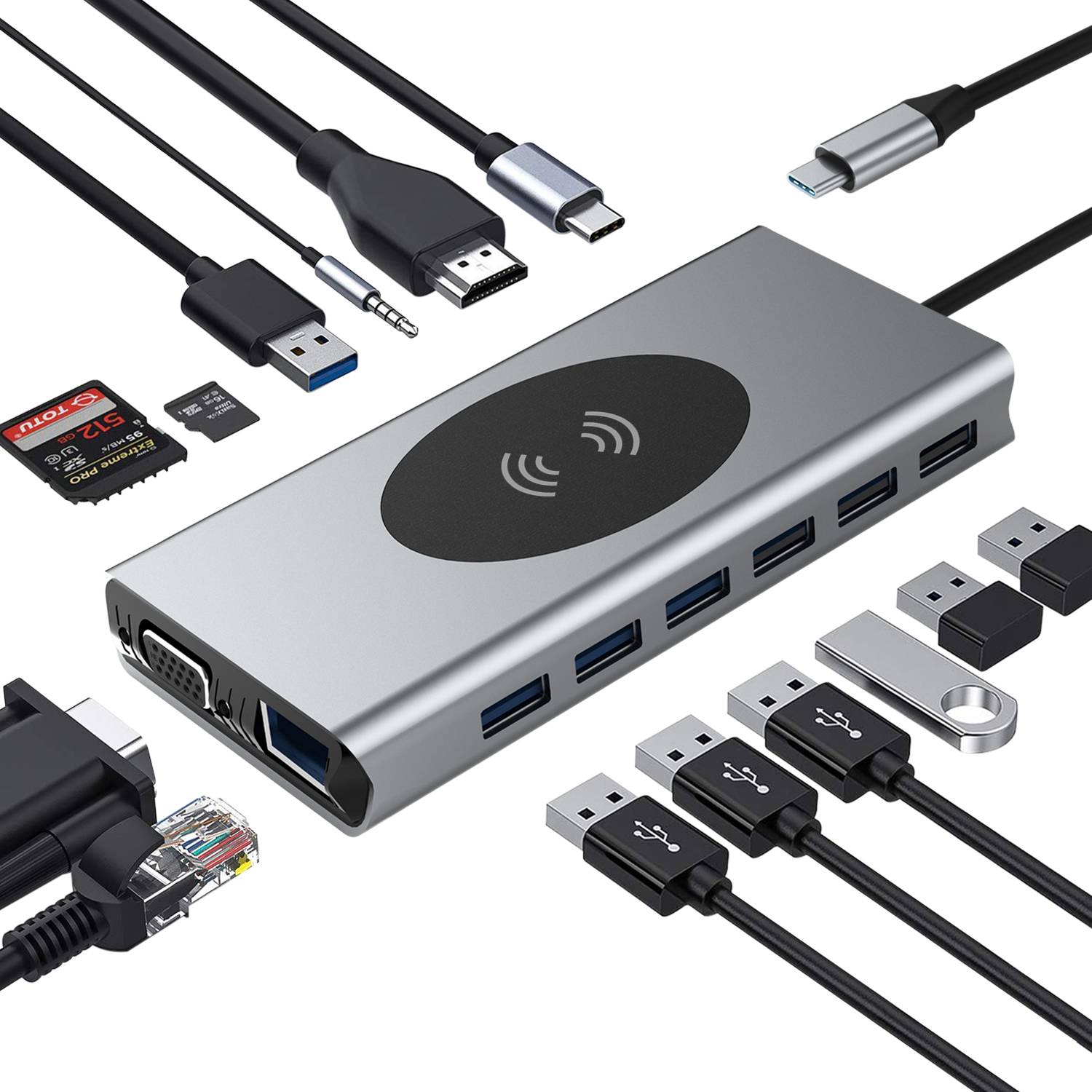 15-in-1 Typ-C Hub Multiport-Adapter mit HDMI, VGA, Ethernet, USB C PD