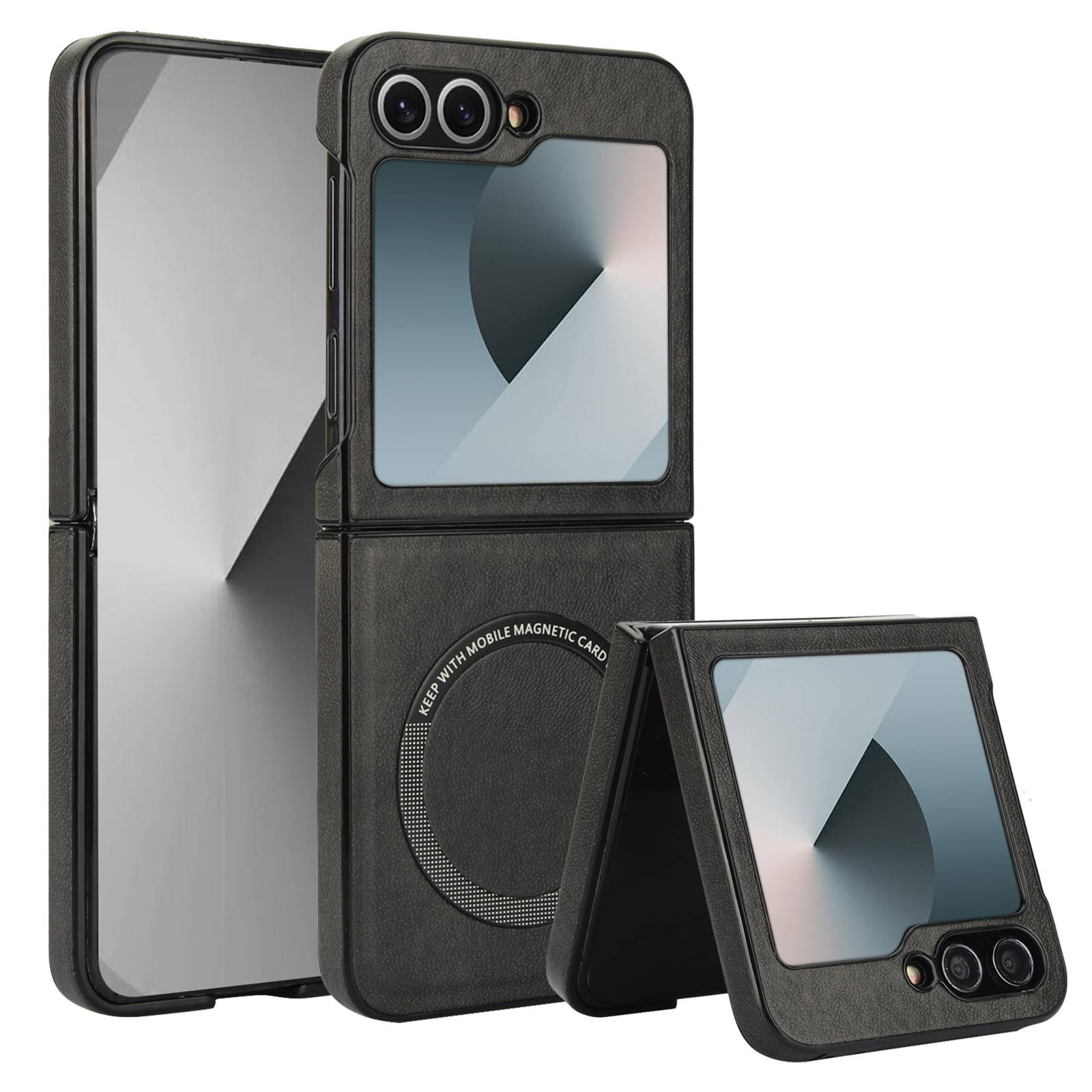 Faltbare Smartphone-Schutzhülle mit magnetischem Halter, gezeigt auf einem gefalteten und ausgeklappten Telefon, wobei der Schutz der Kameraobjektive hervorgehoben wird.