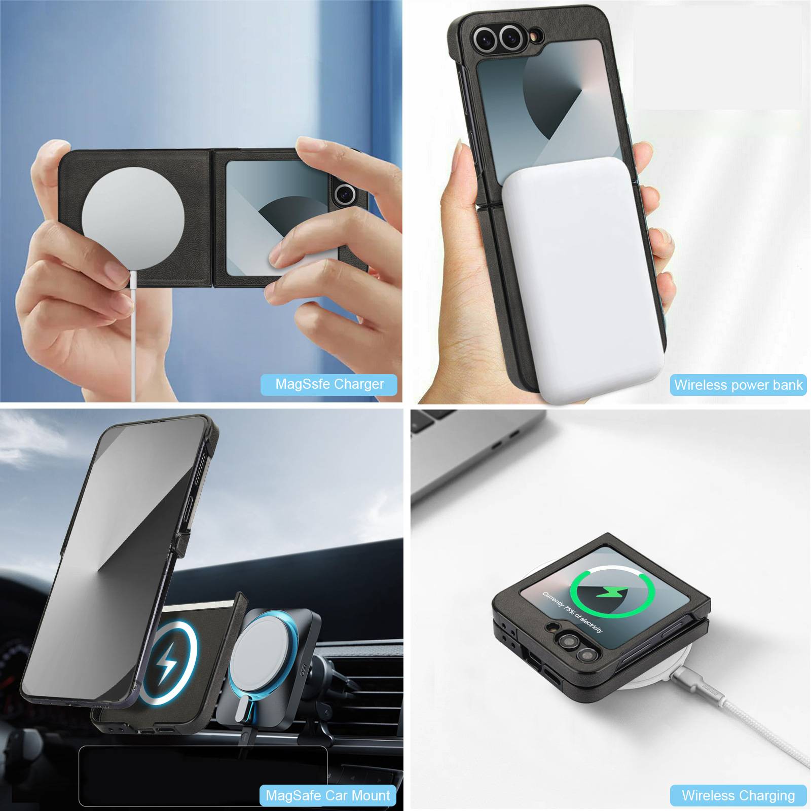 Eine Collage zeigt MagSafe-Zubehör: ein in Gebrauch befindliches Ladegerät, eine kabellose Powerbank, die an einem Telefon befestigt ist, eine Autohalterung und ein kabelloses Ladegerät.