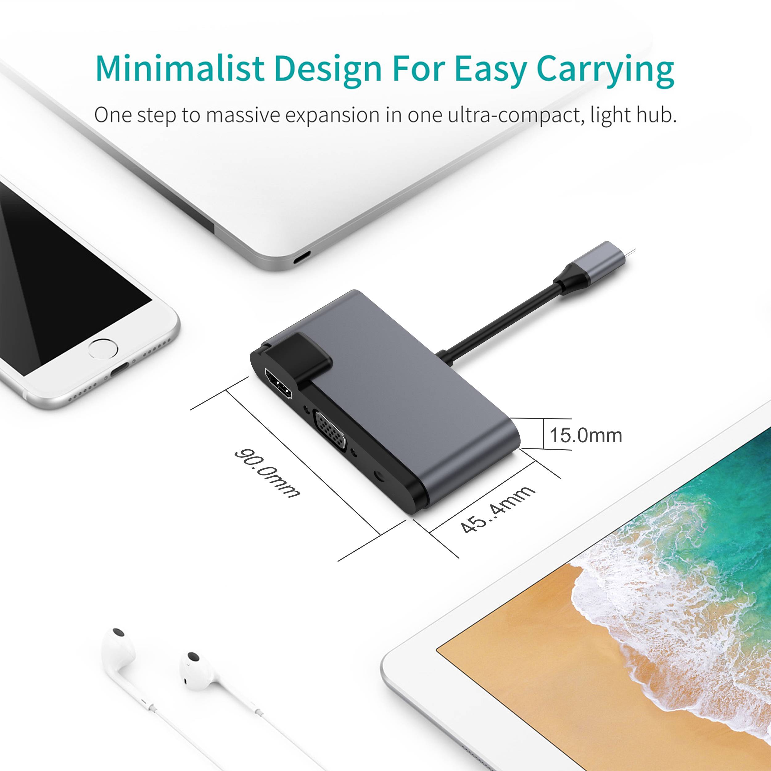 5-in-1 USB-C Hub mit HDMI, VGA, USB 3.0, Audio und PD-Ladung