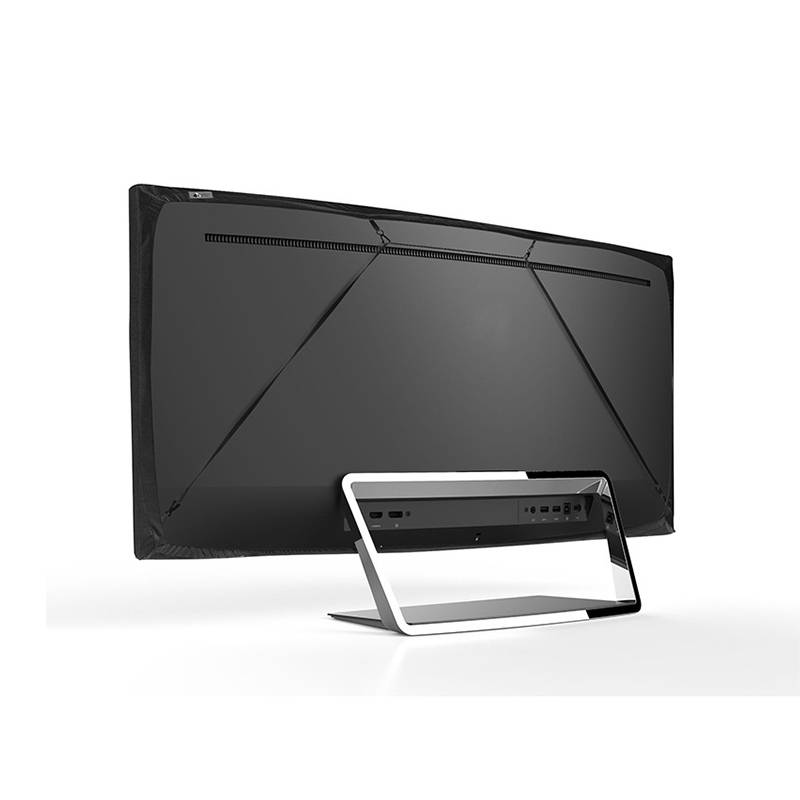 Ein schlanker, moderner Fernseher von hinten betrachtet, mit eleganter Standfuß und verschiedenen Eingängen, vor minimalistischem weißen Hintergrund.
