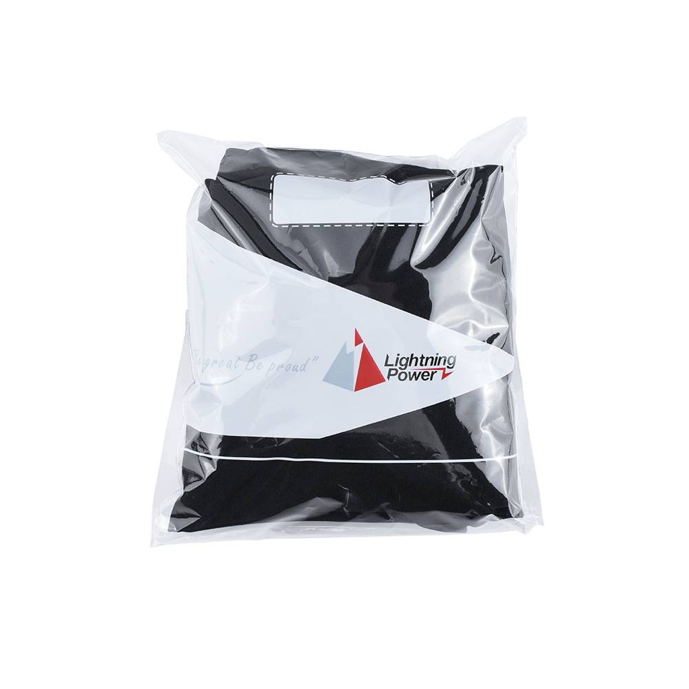 Plastiktasche mit schwarzem Stoff, mit einem Logo mit der Aufschrift „Lightning Power