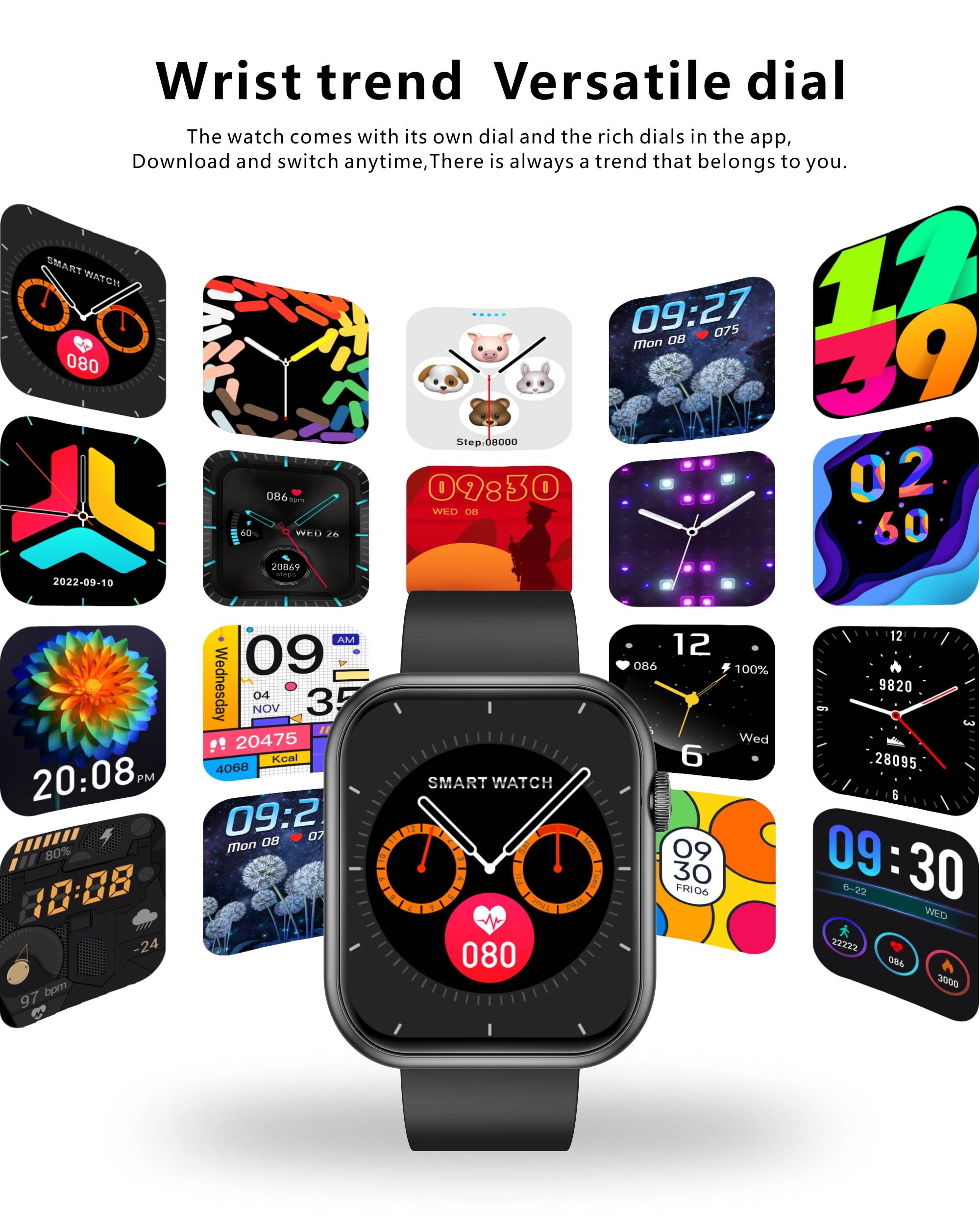 Smartwatch mit Herzfrequenzmesser, Blutdruckmesser, Blutsauerstoffmesser und mehreren Sportmodi Black