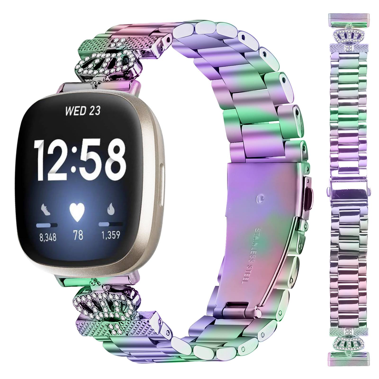 Funkelndes Drei-Perlen-Kronen-Uhrenarmband für Fitbit Versa 3/4/Sense 2