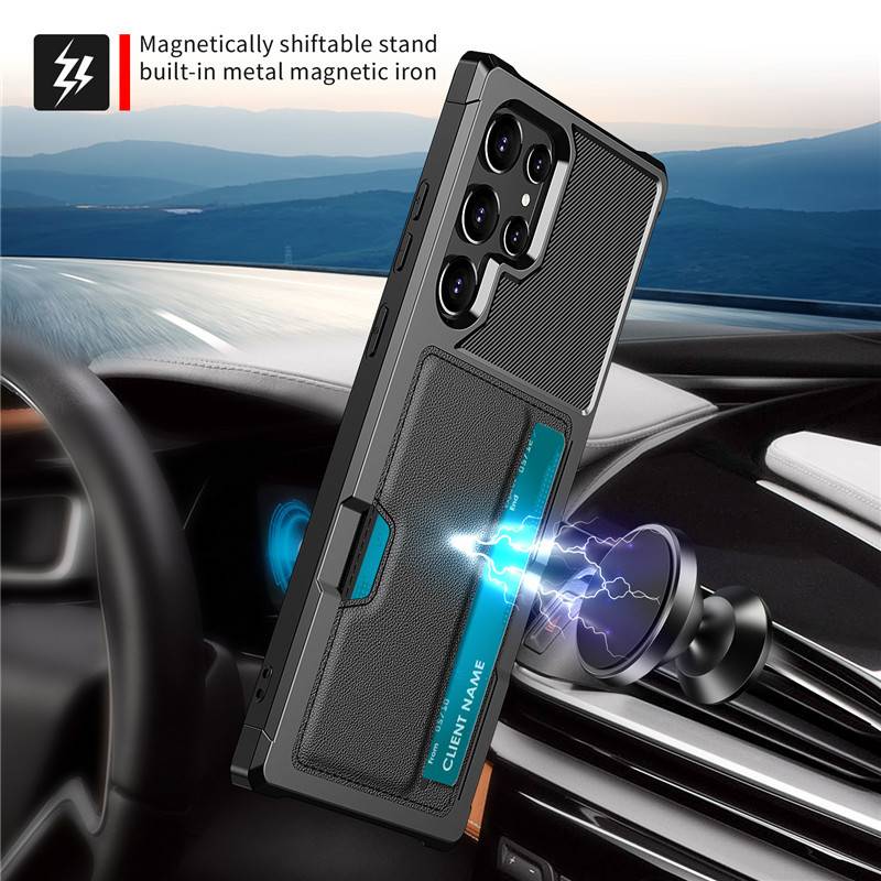 Schwarze Handyhülle kompatibel mit Samsung S22 Ultra, stoßfest, Kartenfach, magnetisch, Auto-Halterung Modell 7