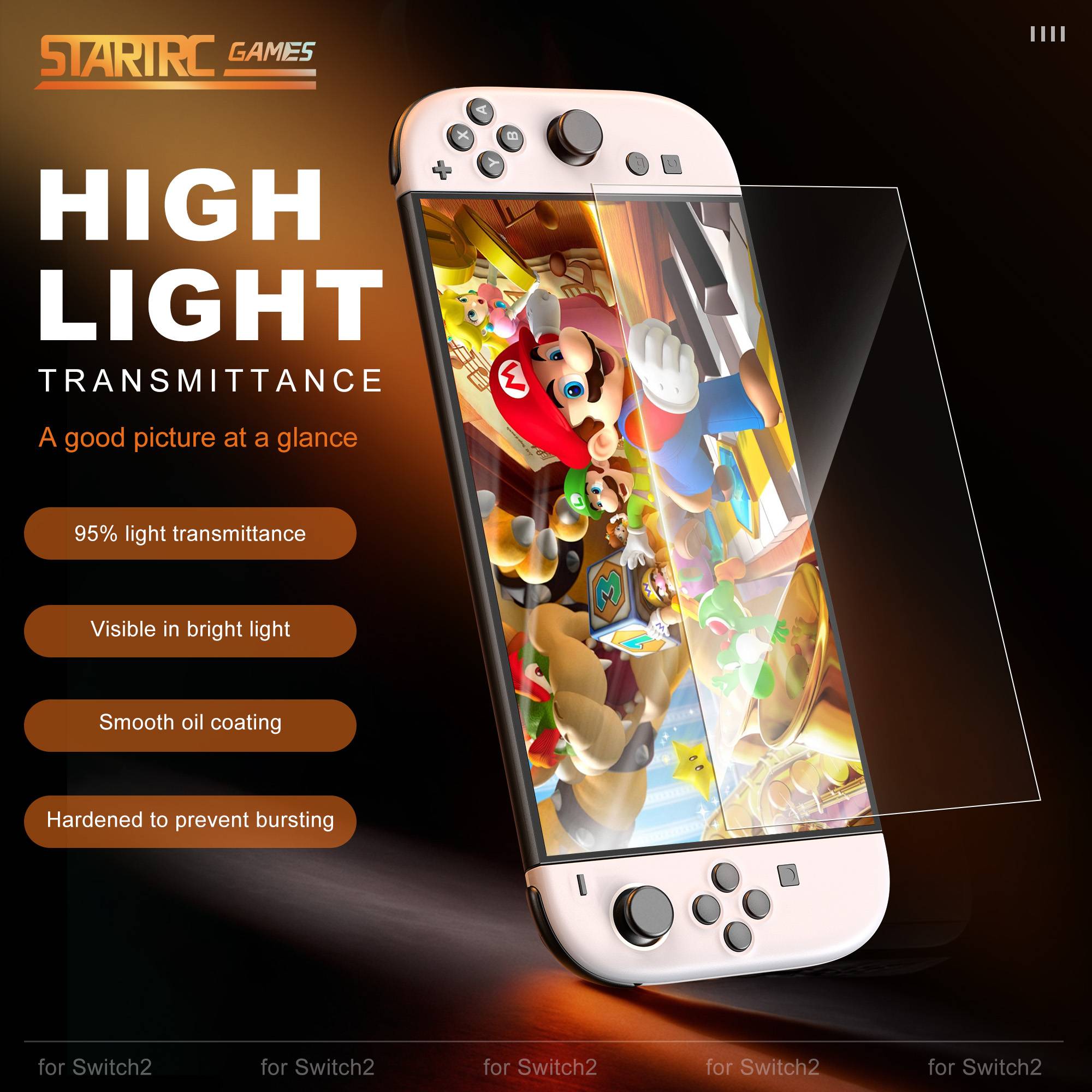„StarTAC Games"-Anzeige mit einem Spielgerät mit einer Displayschutzfolie mit der Bezeichnung „Hohe Lichttransmission"". Merkmale: 95% Lichttransmission, sichtbar bei hellem Licht, glatte Ölbeschichtung, verhindert Sprünge.
