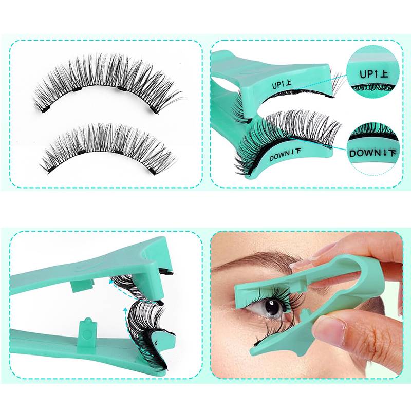 Ein Applikator-Werkzeug für Wimpern mit Anweisungen zum Anbringen von künstlichen Wimpern. Eine Hand zeigt die Positionierung des Werkzeugs über einem Auge.